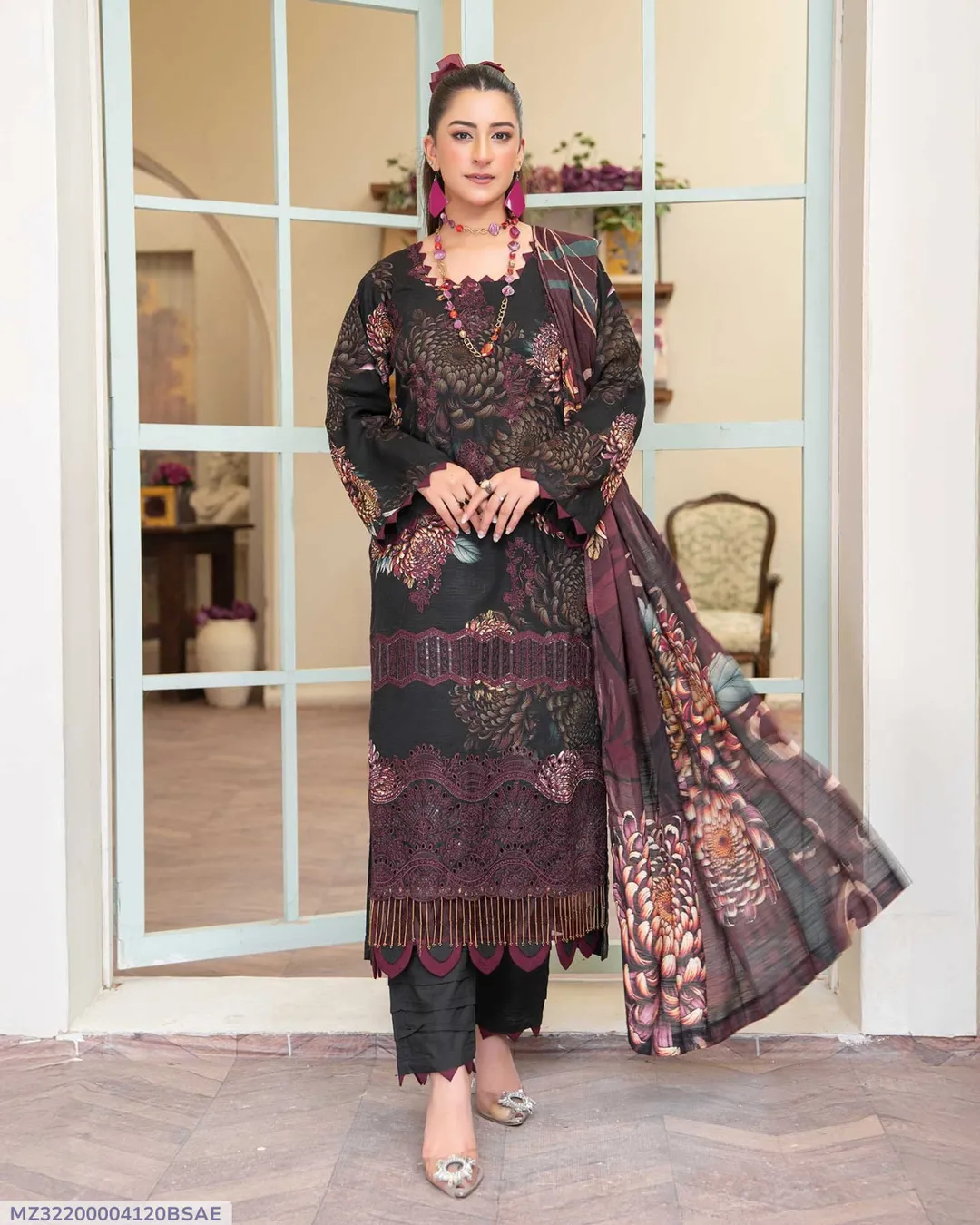 3 Pcs Women's Unstitched Printed Suit — Black Dobby Lawn