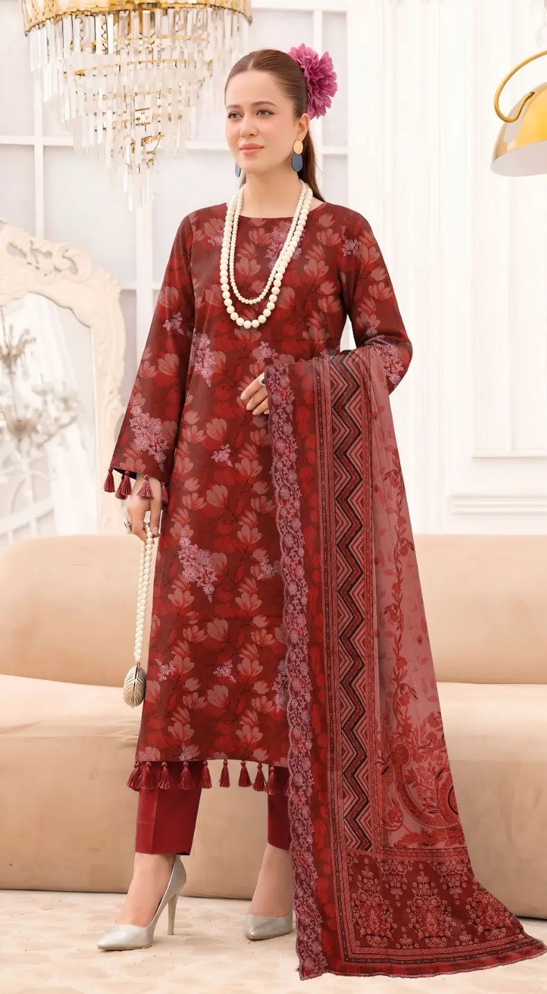 3 Pcs Women's Unstitched Printed Suit — Red Embroidered Linen