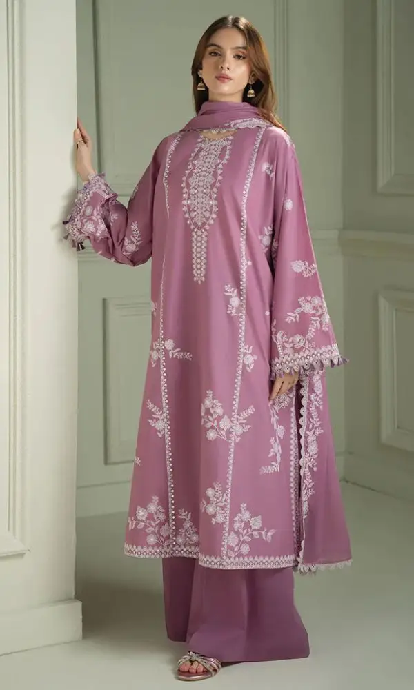 3 Pcs Women's Unstitched Sequins Embroidered Suit — Lilac with Wool Shawl