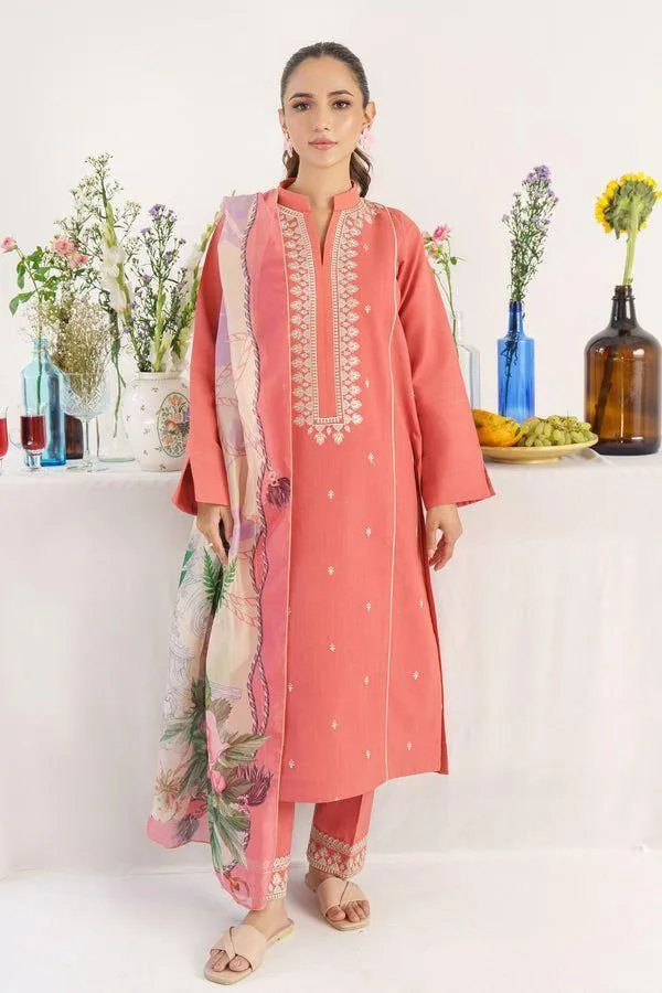 3 Pcs Women's Unstitched Embroidered Suit – Peach