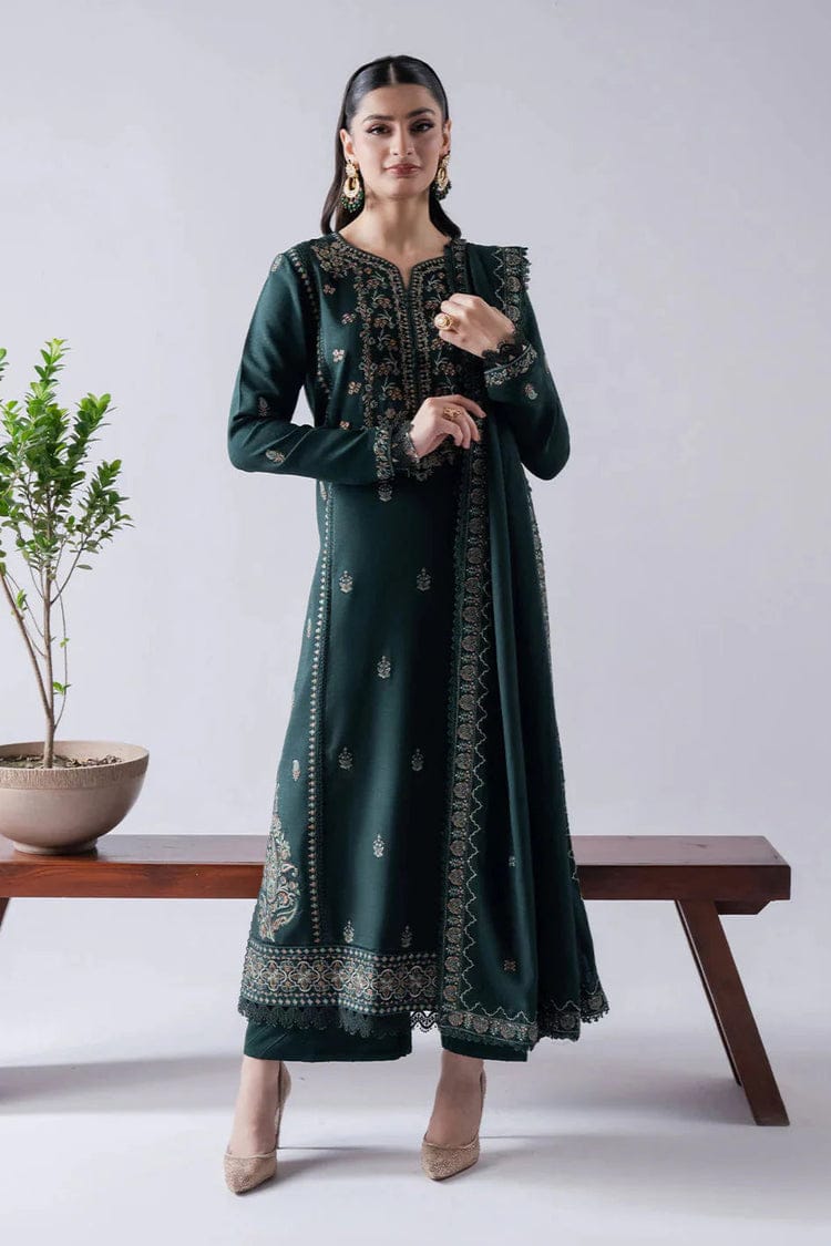 Asim Jofa Dhanak Embroidered Luxury 3-Piece Unstitched Suit with Embroidered Dhanak Shawl – Bottle Green