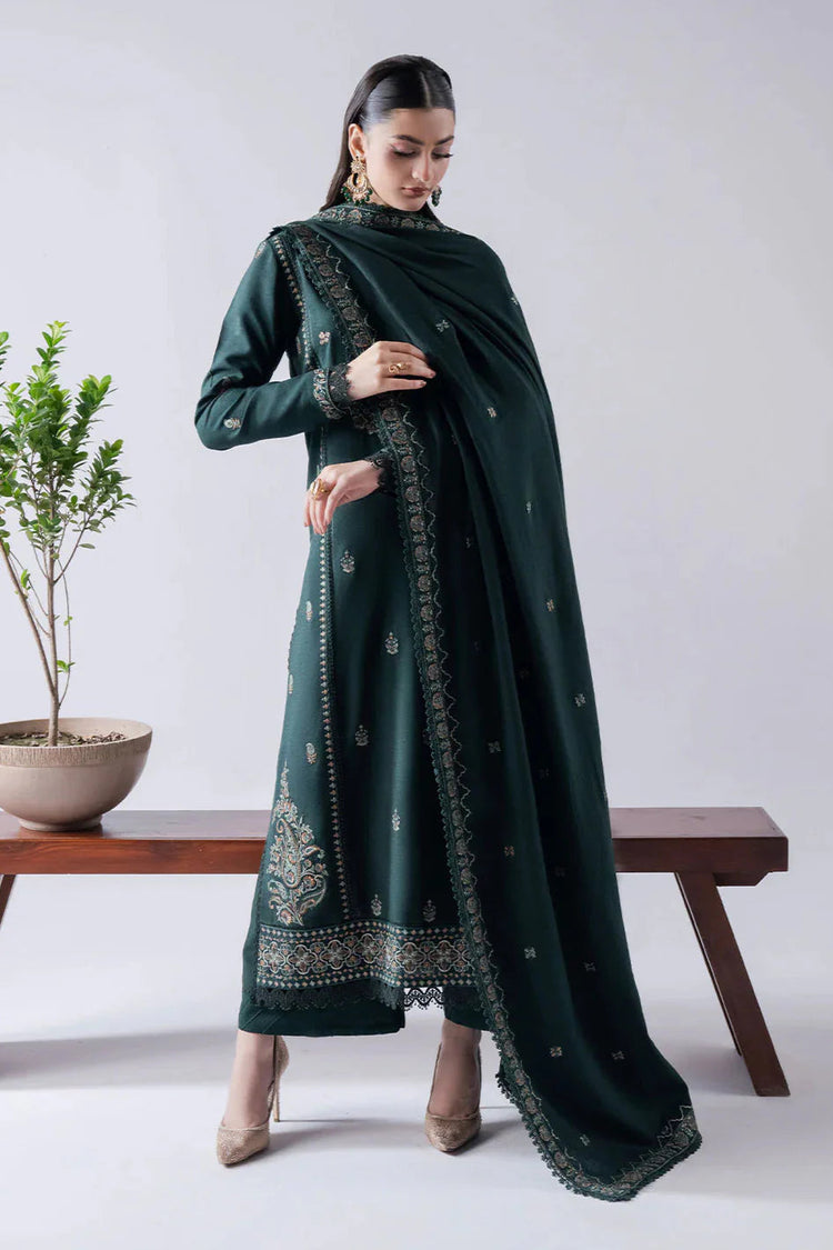 Asim Jofa Dhanak Embroidered Luxury 3-Piece Unstitched Suit with Embroidered Dhanak Shawl – Bottle Green (view 2)