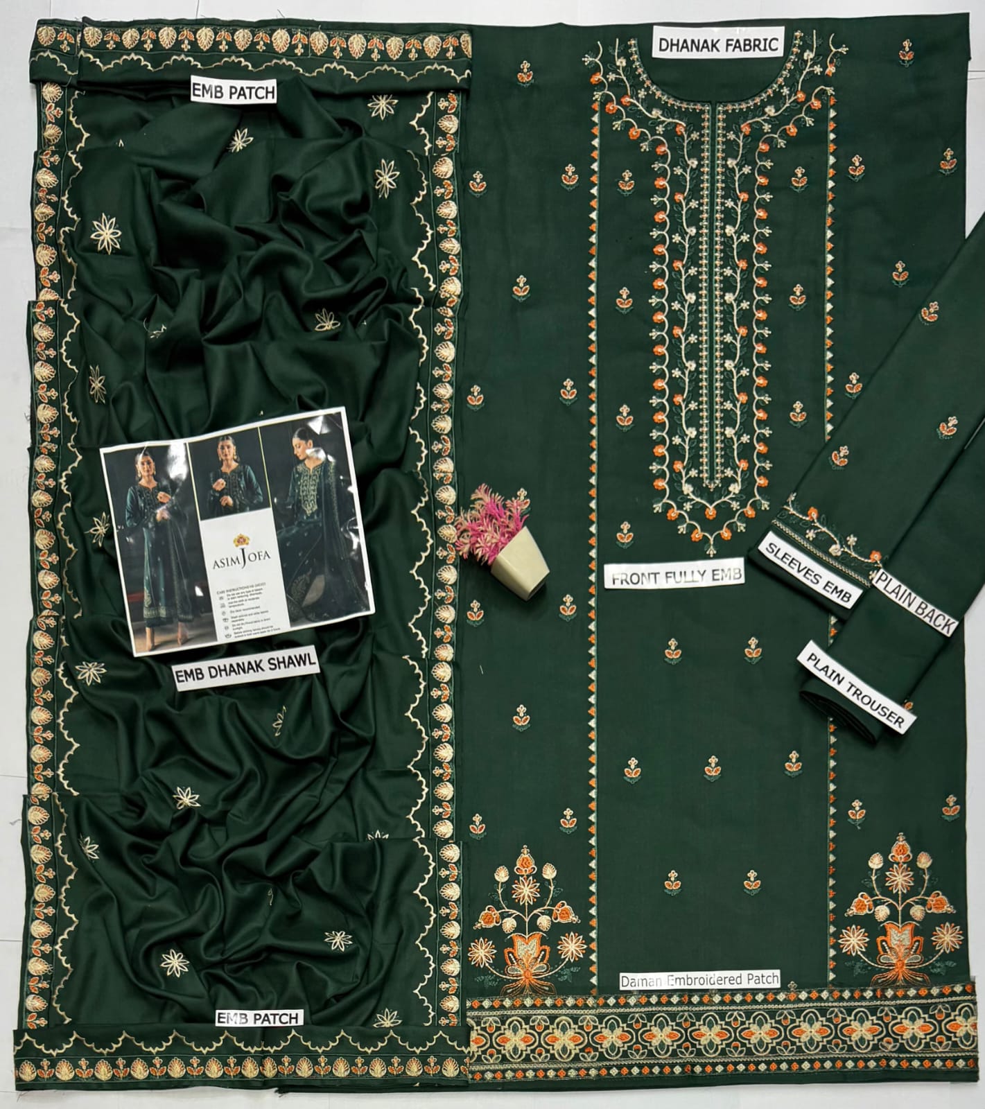 Asim Jofa Dhanak Embroidered Luxury 3-Piece Unstitched Suit with Embroidered Dhanak Shawl – Bottle Green (view 4)