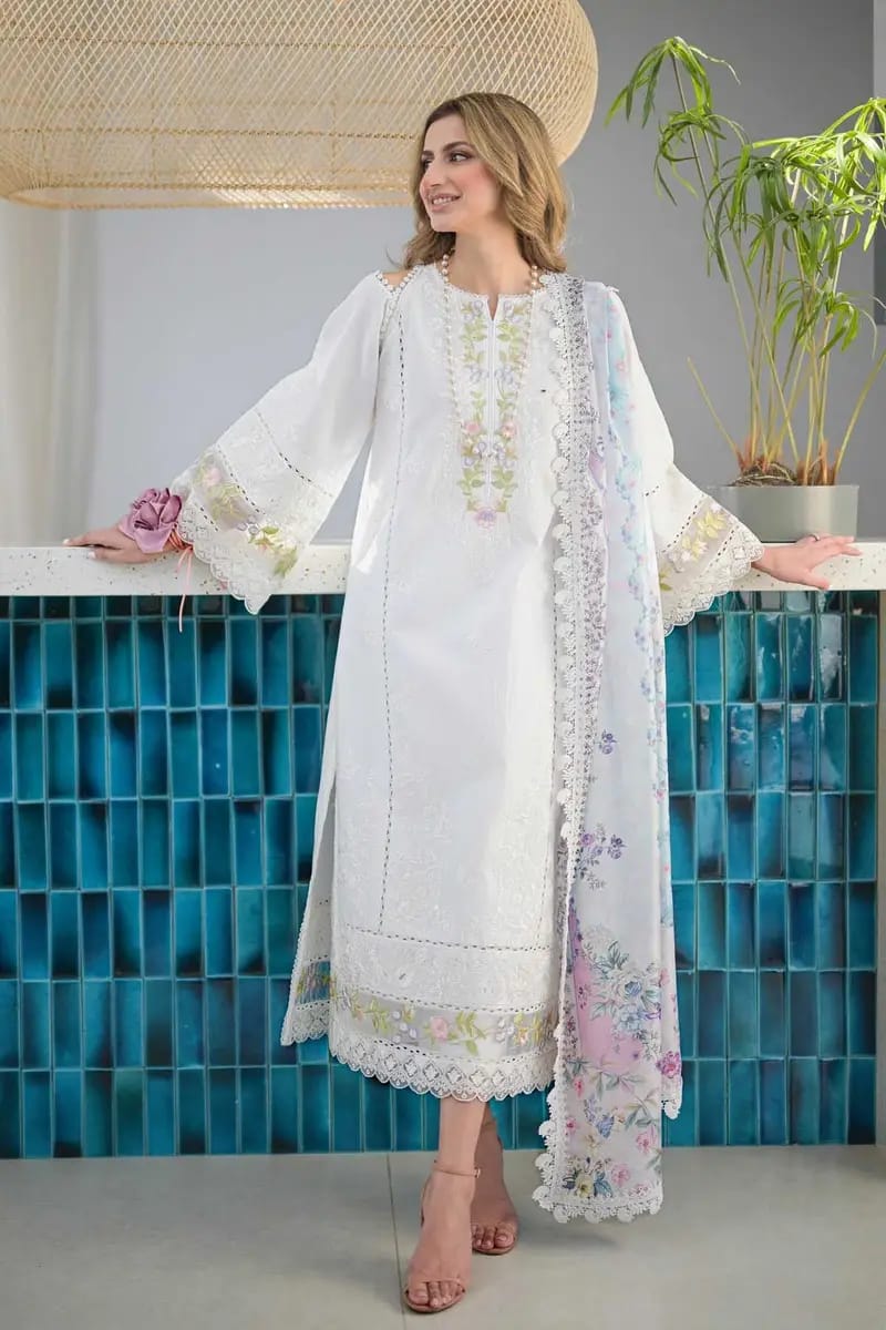 Agha Noor Heavy Embroidered Dhanak 3-Piece Unstitched Suit – White