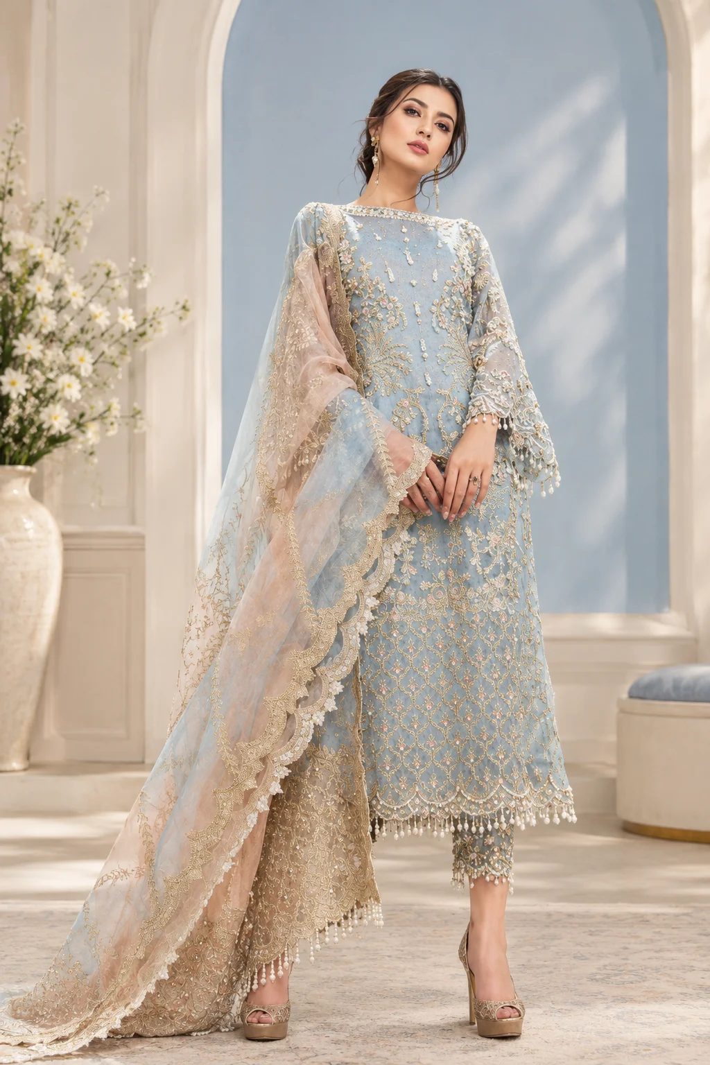 Agha Noor Heavy Embroidered Organza 3-Piece Unstitched Suit – Ice Blue