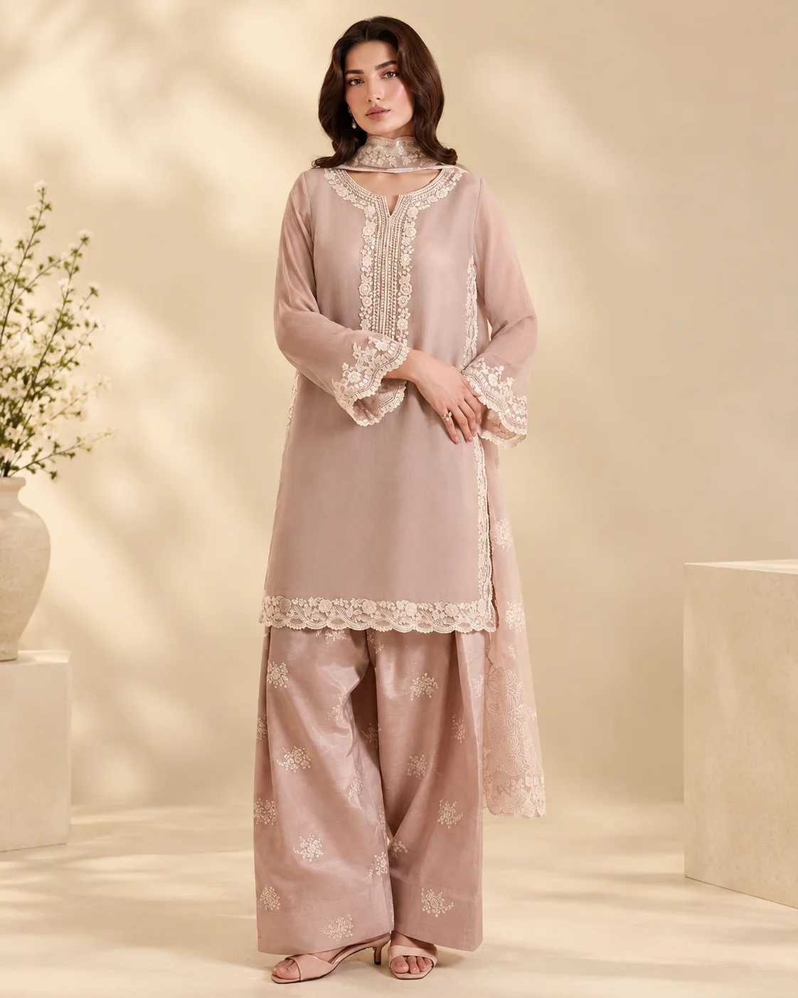 Al Nisa CC-79 Embroidered Chiffon & Malai 3-Piece Unstitched Suit with Heavy Embroidered Dupatta – Dusty Rose