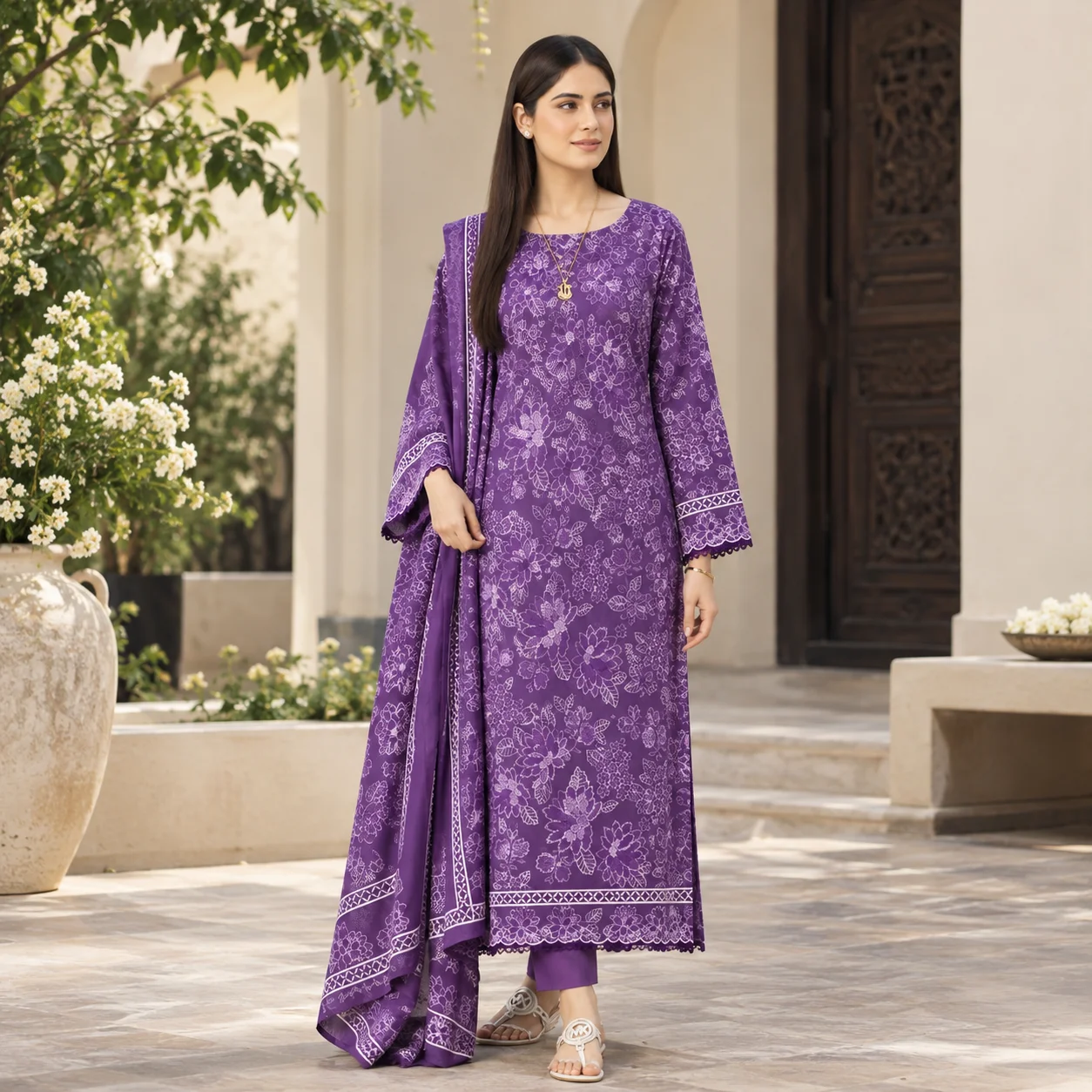 Aneela's Dhanak 3-Piece Digital Printed Unstitched Suit with Embroidered Patches – AP-1402 Purple