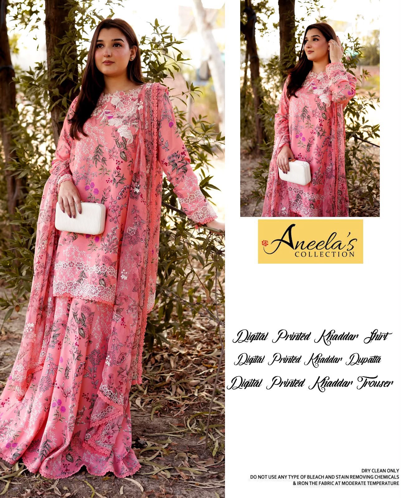 Aneela's Premium Khaddar Digital Printed 3-Piece Unstitched Suit with White Cutwork Neck & Flared Trouser – Coral Pink