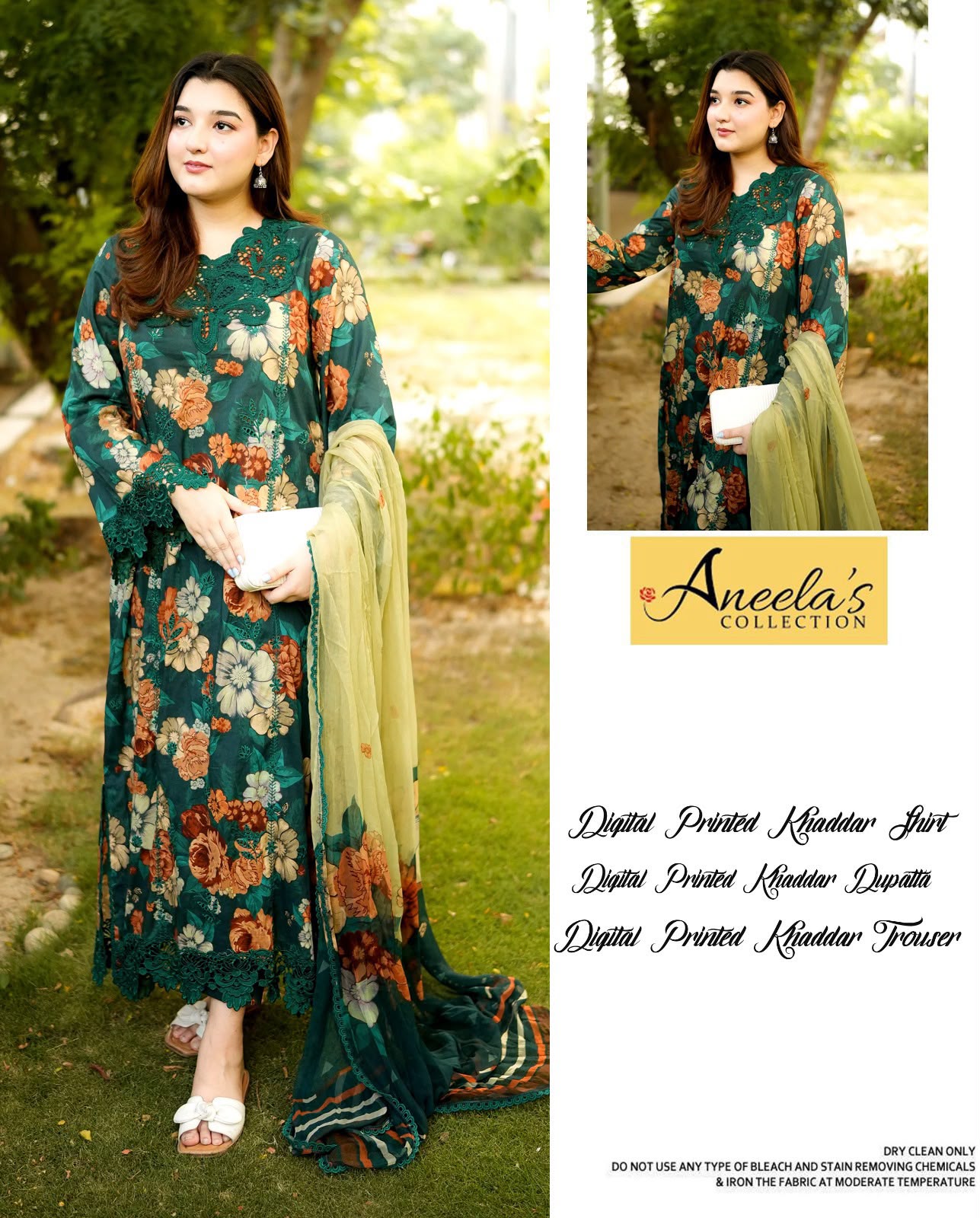 Aneela's Premium Khaddar Digital Printed 3-Piece Unstitched Suit with Cutwork Neck – Emerald Green Floral