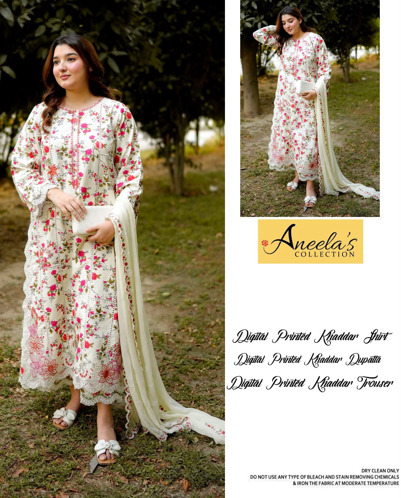 Aneela's Premium Khaddar Digital Printed 3-Piece Unstitched Suit with Scalloped Cutwork Hem – Ivory & Rose Pink