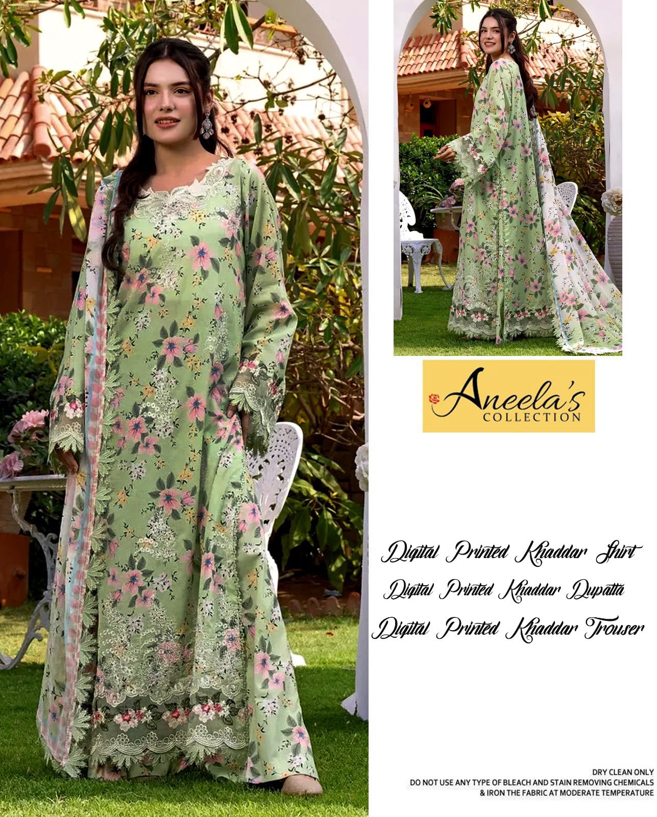 Aneela's Premium Khaddar Digital Printed 3-Piece Unstitched Suit with Cutwork Neck & Lace Sleeves – Mint Green
