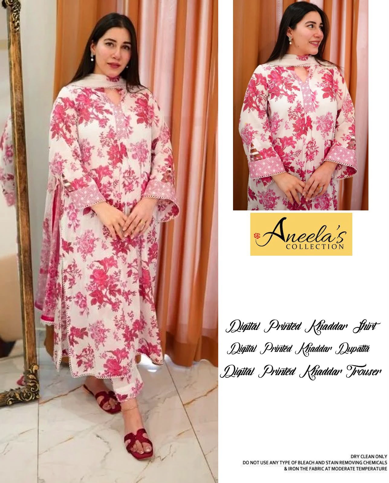 Aneela's Premium Khaddar Digital Printed 3-Piece Unstitched Suit with Keyhole Neck – White & Pink Floral