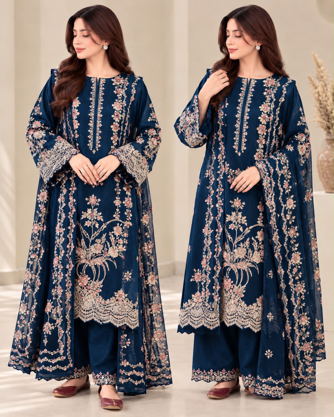 Aneela's Winter Dhanak 3-Piece Heavy Thread Embroidered Unstitched Suit with Ready-to-Wear Shawl – Navy Blue
