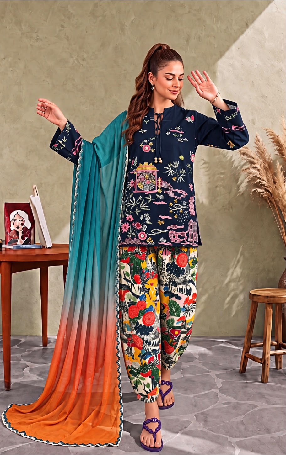 Asifa & Nabeel Dhanak Winter Collection 2026 Heavy Embroidered 3-Piece Unstitched Suit with Digital Printed Trouser & Shawl – Navy Blue