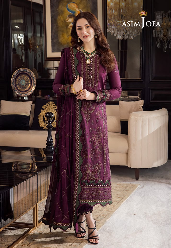 Asim Jofa Dhanak Embroidered Luxury 3-Piece Unstitched Suit with Embroidered Patch Daman – Plum