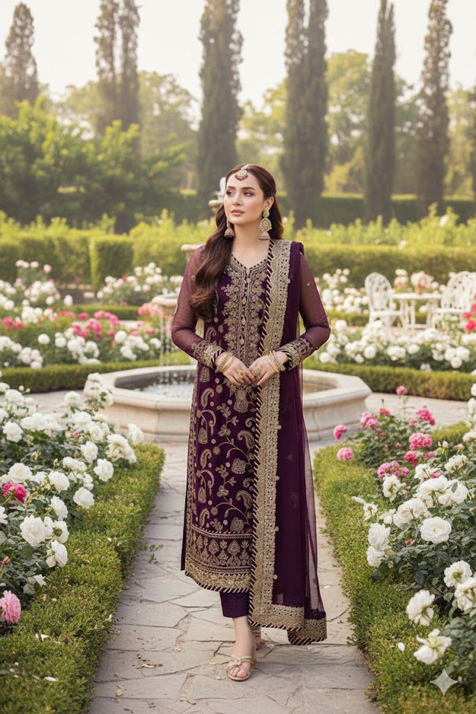 Asim Jofa Replica Chiffon Sequence 3-Piece Unstitched Suit – Plum