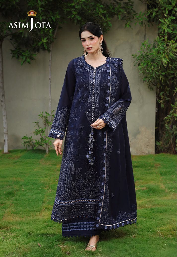 Asim Jofa Winter Dhanak 3-Piece Heavy Sequence Embroidered Unstitched Suit – Navy Blue