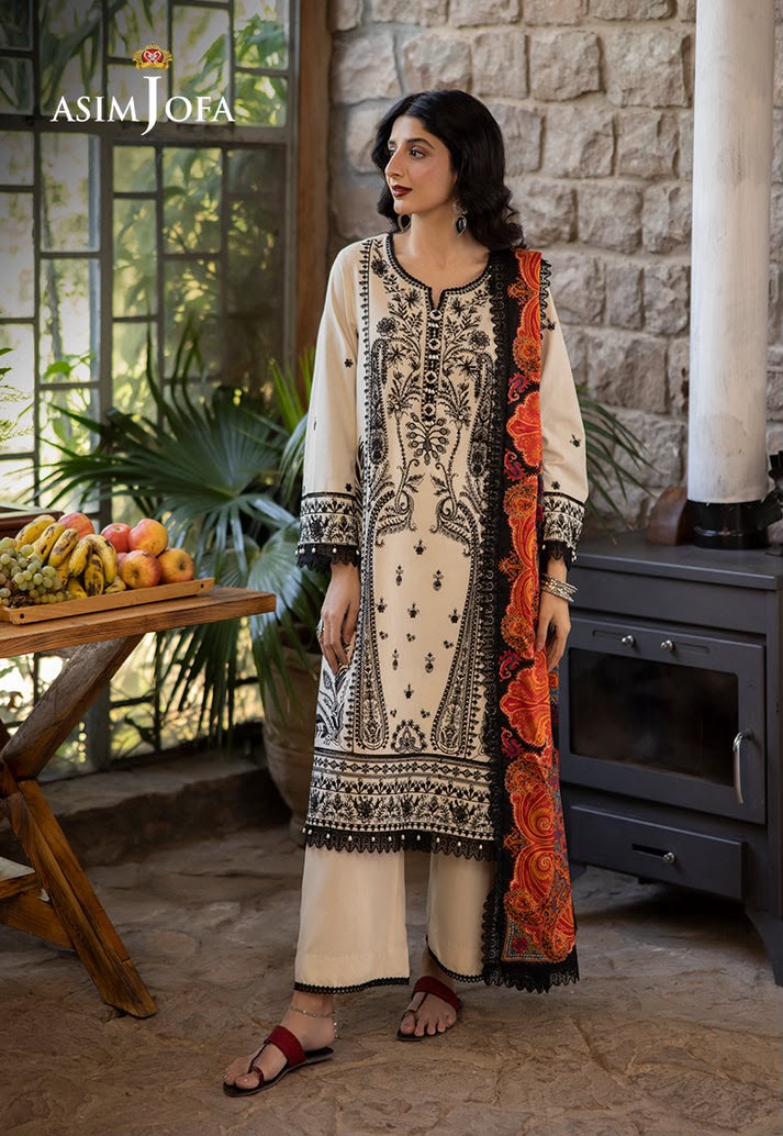 Asim Jofa Winter Dhanak 3-Piece Heavy Thread Embroidered Unstitched Suit with Digital Printed Woolen Shawl – Ivory
