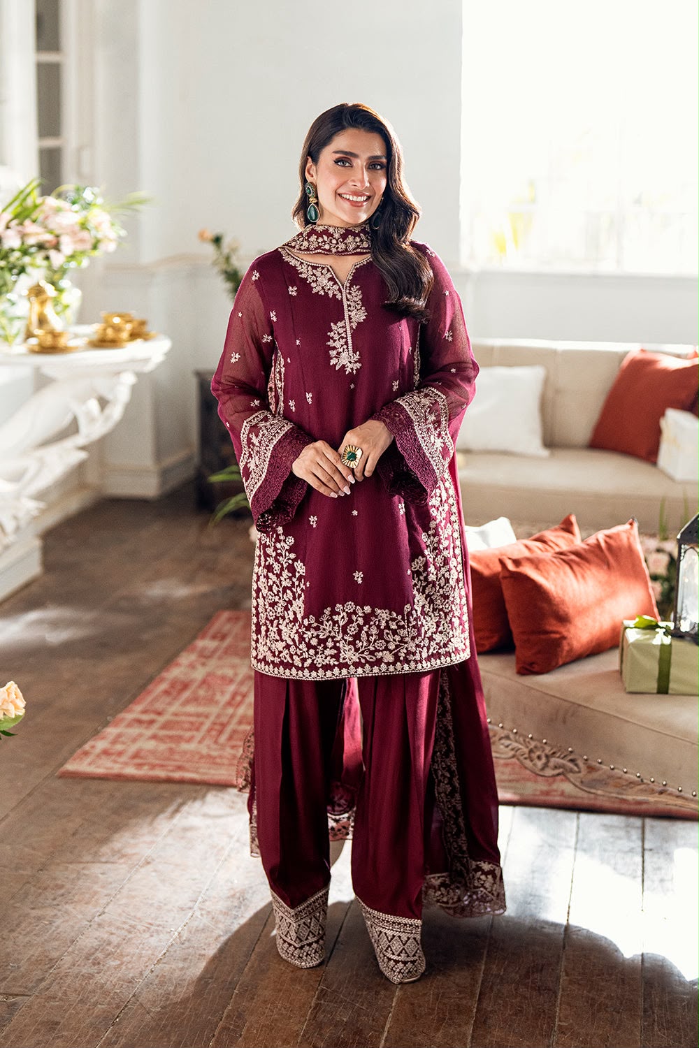 Azure 7619 Winter Collection Airjet Dhanak Heavy Embroidered 3-Piece Unstitched Suit with Heavy Embroidered Dhanak Dupatta and 4-Side Lace