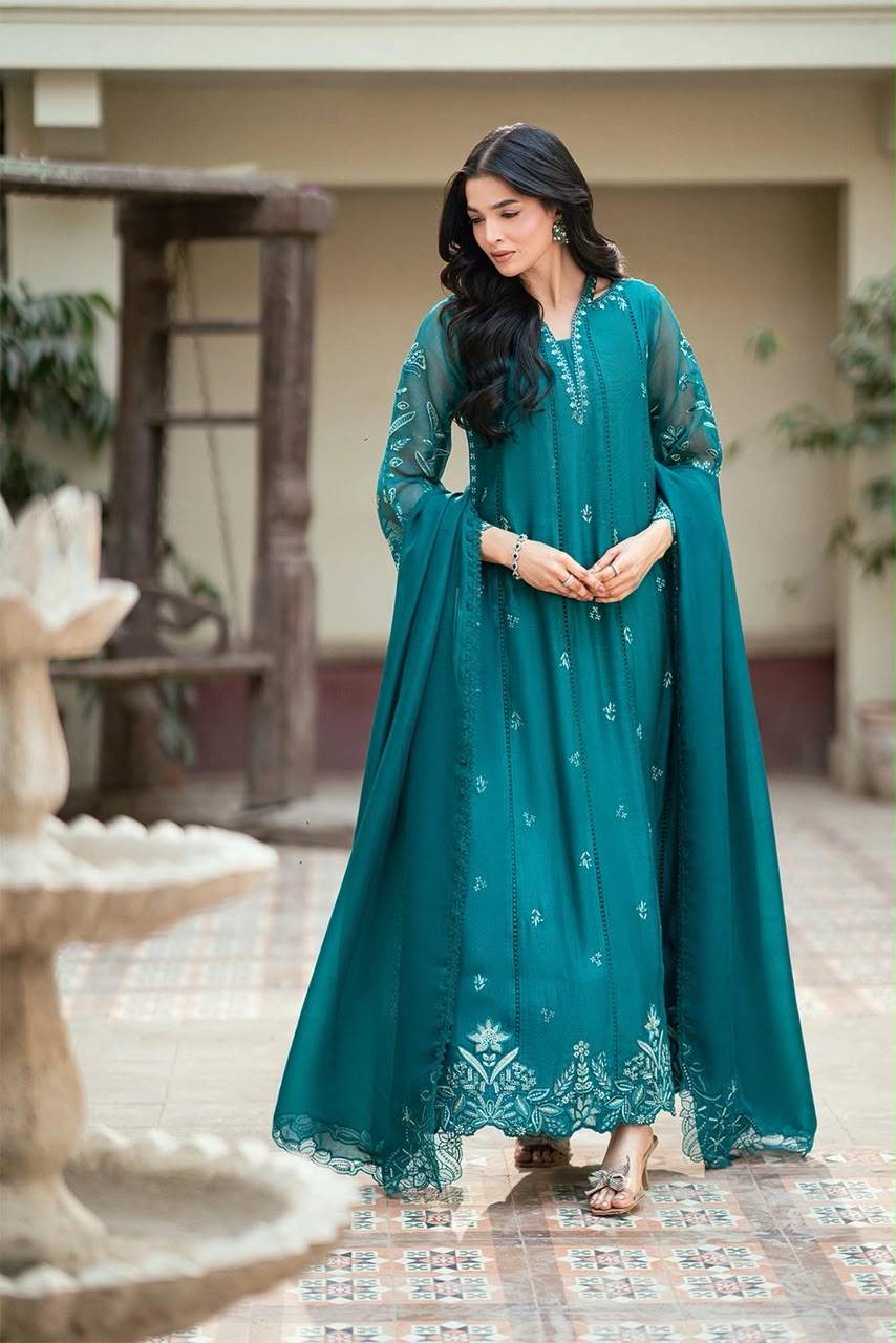 Azure Chiffon Heavy Embroidered 3-Piece Unstitched Suit with Laserkari Cutwork Daman & Cutwork Dupatta – Teal