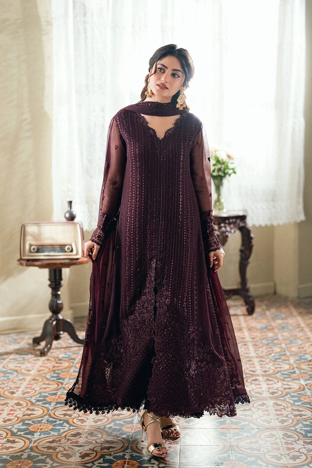Azure Chiffon Collection Heavy Embroidered Chiffon 3-Piece Unstitched Suit with Laserkari Cutwork Daman Patch – Plum