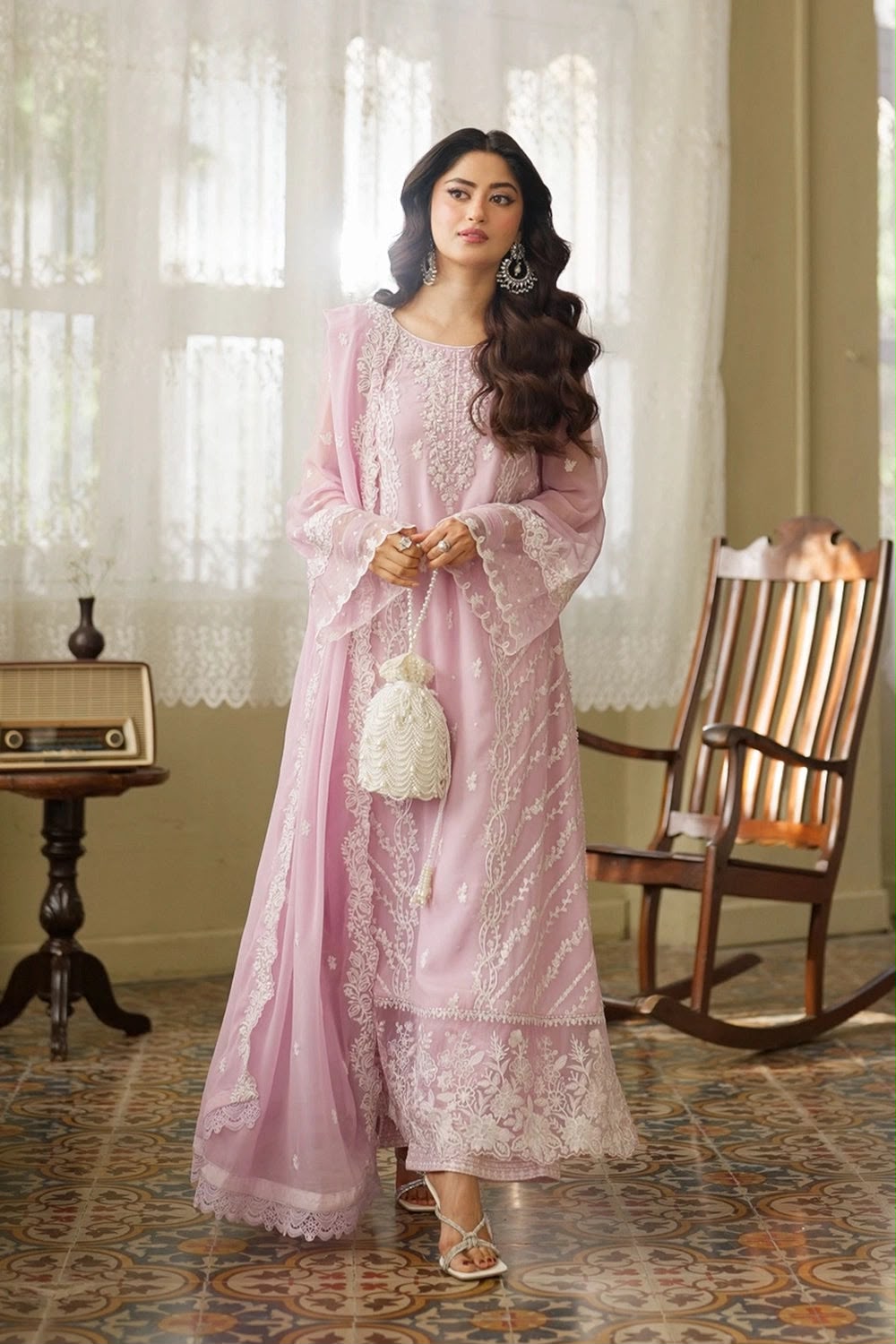 Azure Chiffon Heavy Embroidered 3-Piece Unstitched Suit with Laserkari Cutwork Daman & Cutwork Dupatta – Lilac Pink
