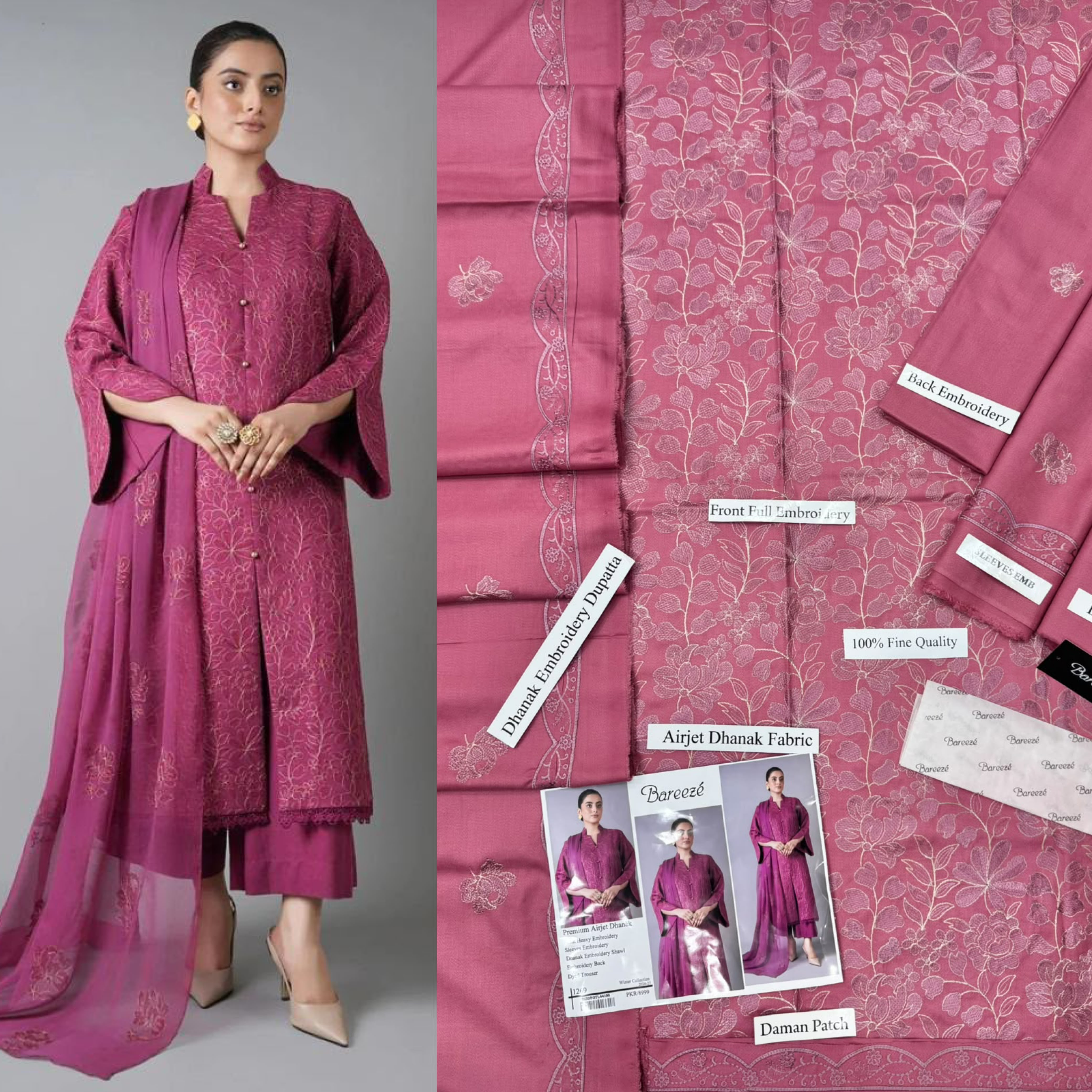 Bareeze Premium Airjet Dhanak Full Embroidered 3-Piece Unstitched Winter Suit with Embroidered Shawl – Magenta Pink