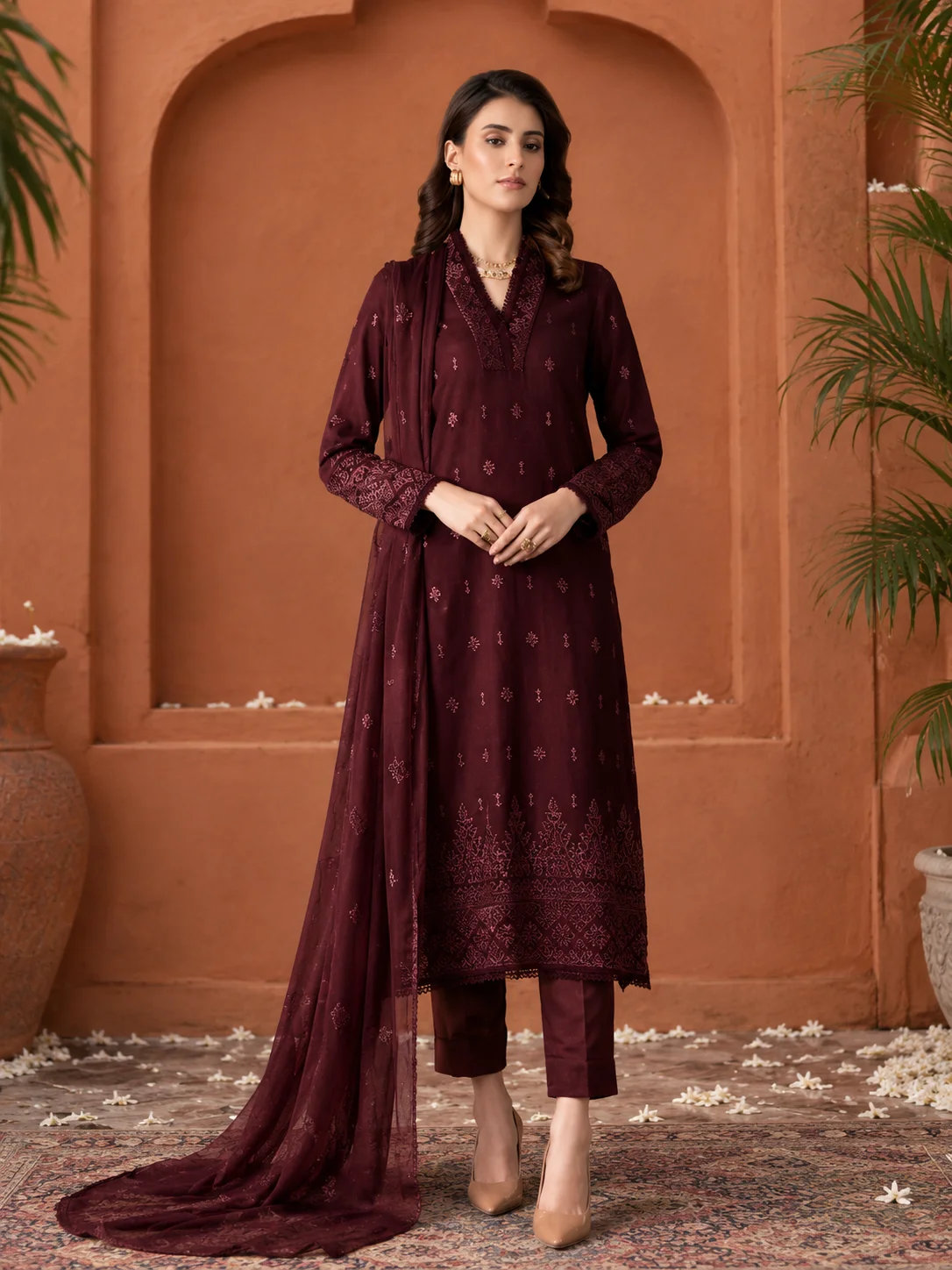 Bareeze MY-5055 Winter Premium Embroidered Dhanak 3-Piece Unstitched Suit with Printed Dhanak Shawl – Maroon