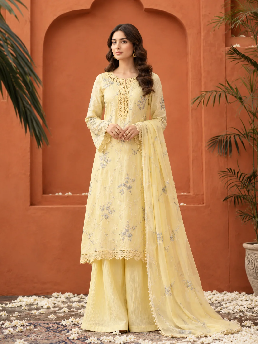 Bareeze SS-3811-A Premium Dhanak 3-Piece Floral Unstitched Suit with Lace-Edged Dupatta – Pale Yellow