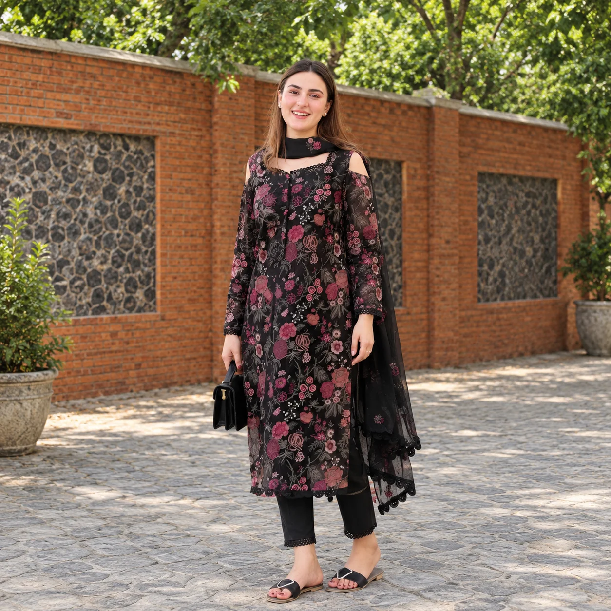 Bareeze SS-3814 Premium Dhanak 3-Piece Printed Unstitched Suit with Printed Dupatta – Black-Floral