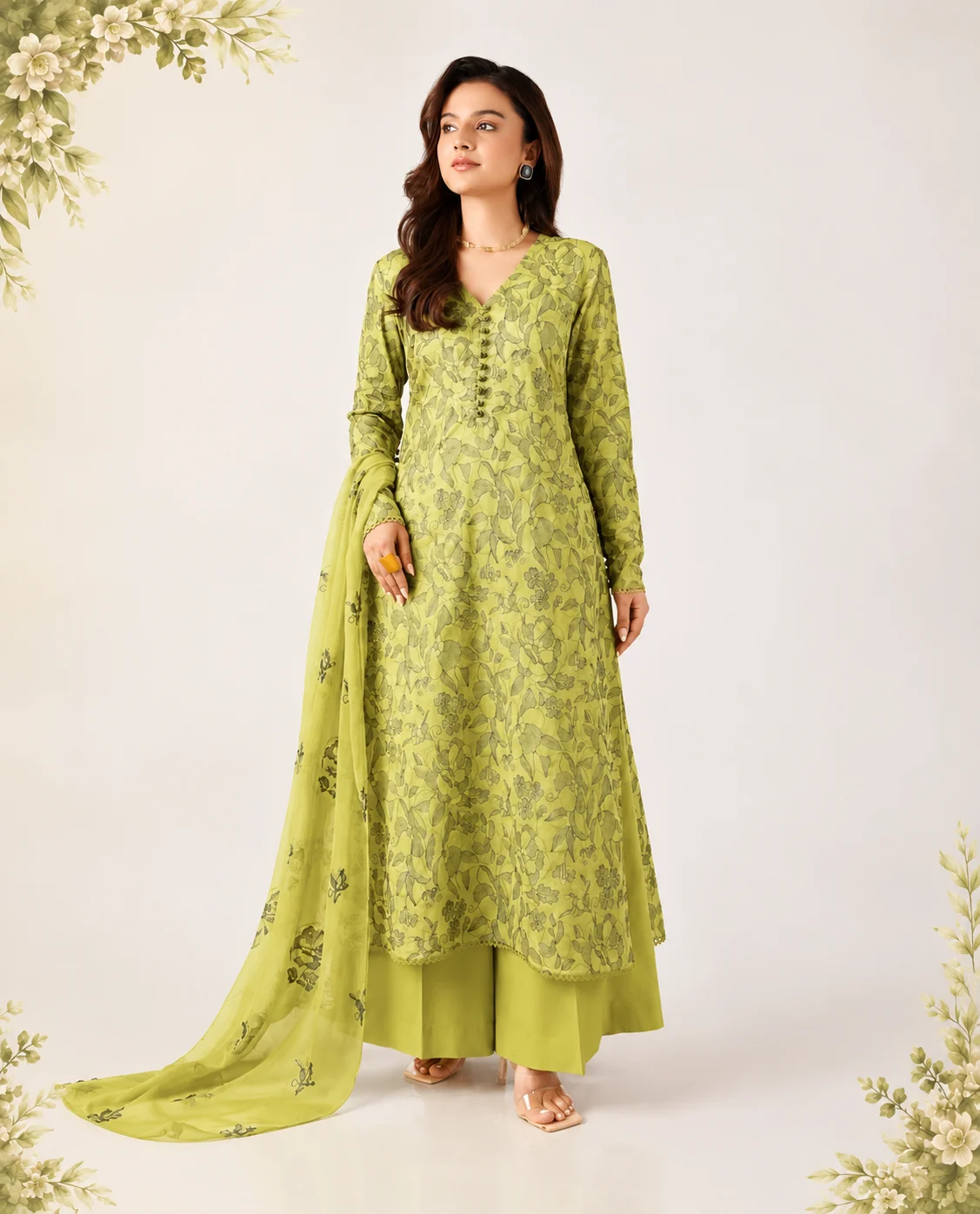 Bareeze SS-3814 Premium Dhanak 3-Piece Printed Unstitched Suit with Printed Dupatta – Lime Green