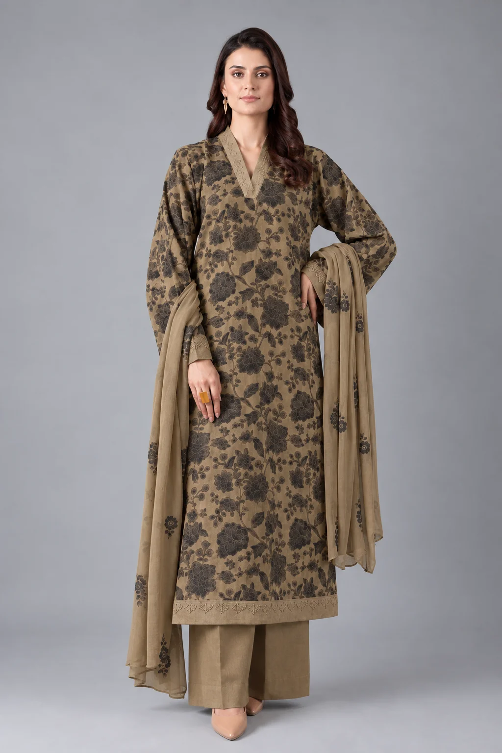 Bareeze YA-4116 Dhanak 3-Piece Floral Unstitched Suit with Lace-Edged Dupatta – Black