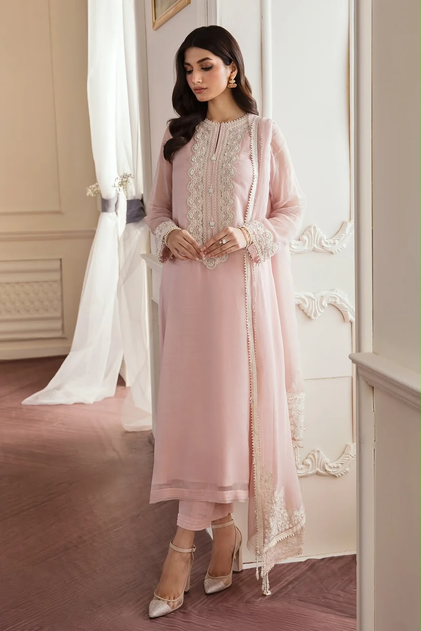 Baroque Chiffon Thread & Adda Work 3-Piece Unstitched Suit – Pink