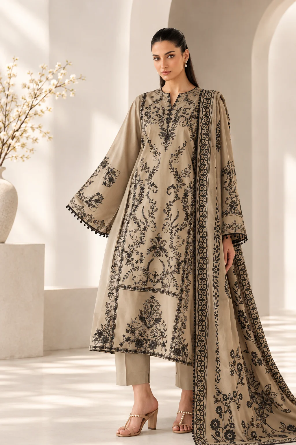 Baroque Dhanak 3-Piece Embroidered Unstitched Suit with Digital Printed Shawl – D#302A Sand Beige