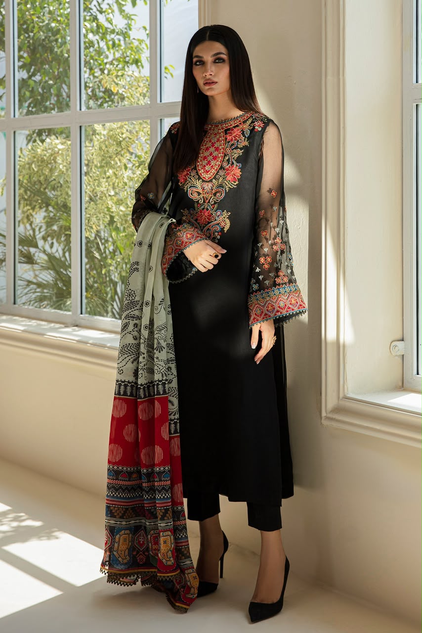 Baroque Embroidered Chiffon 3-Piece Unstitched Suit with Printed Silk Dupatta – Black