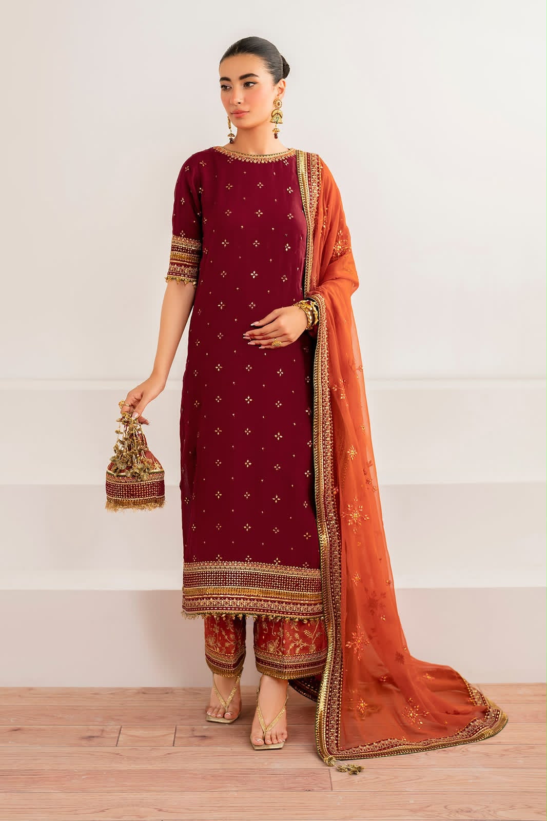 Baroque Luxury Chiffon Festive 3-Piece Unstitched Suit – Maroon