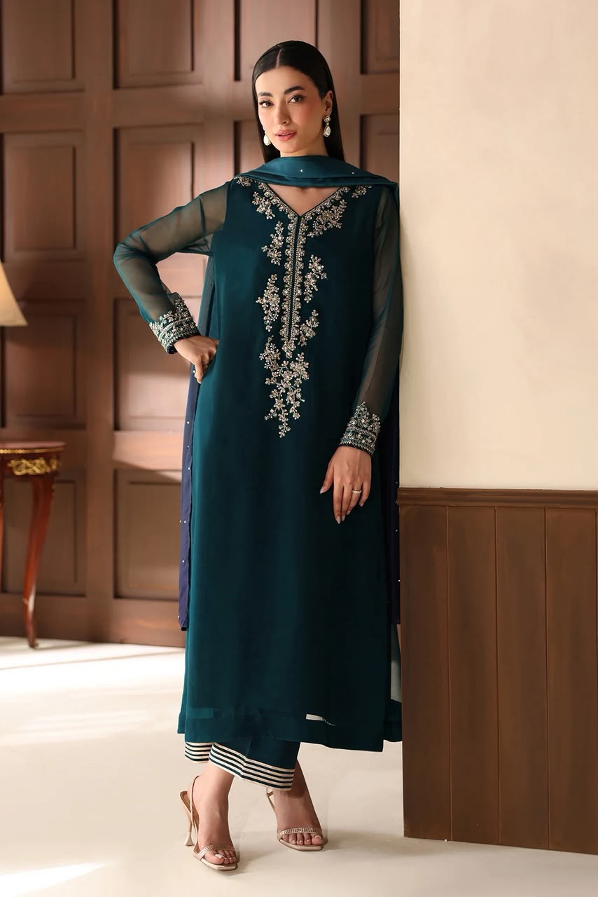 Baroque Replica Shamooz Silk Embroidered Sequence 3-Piece Unstitched Suit – Teal