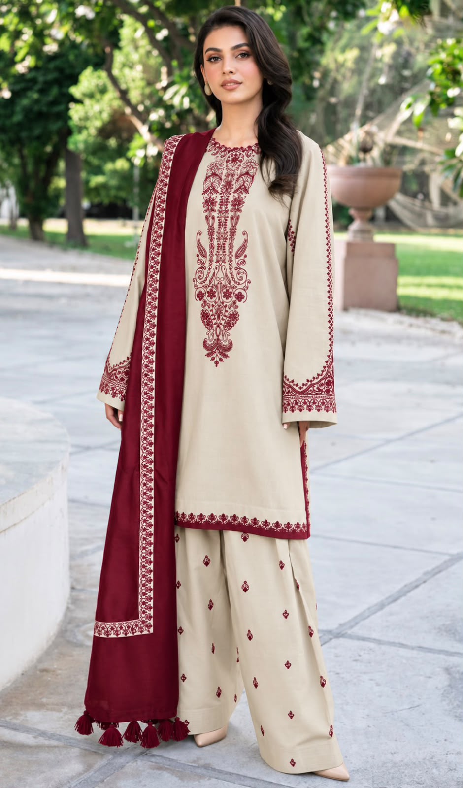 Baroque Winter Dhanak 3-Piece Embroidered Unstitched Suit with Embroidered Shawl – Beige & Maroon
