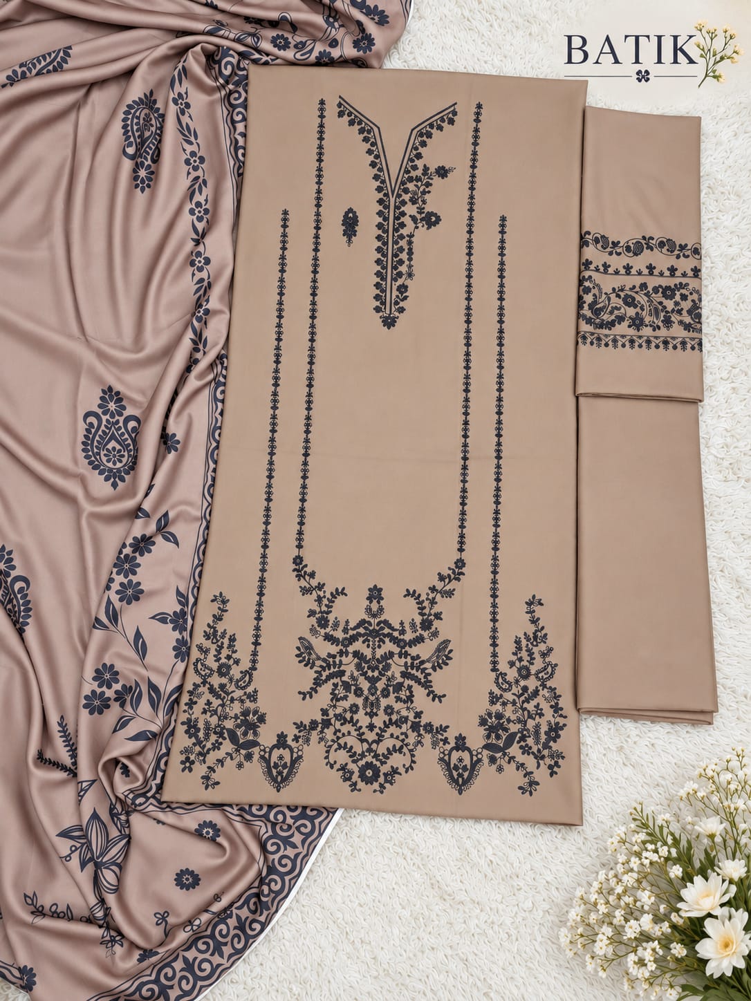 Batik Dhanak 3-Piece Embroidered Unstitched Suit with Digital Printed Shawl – D#269B Fawn