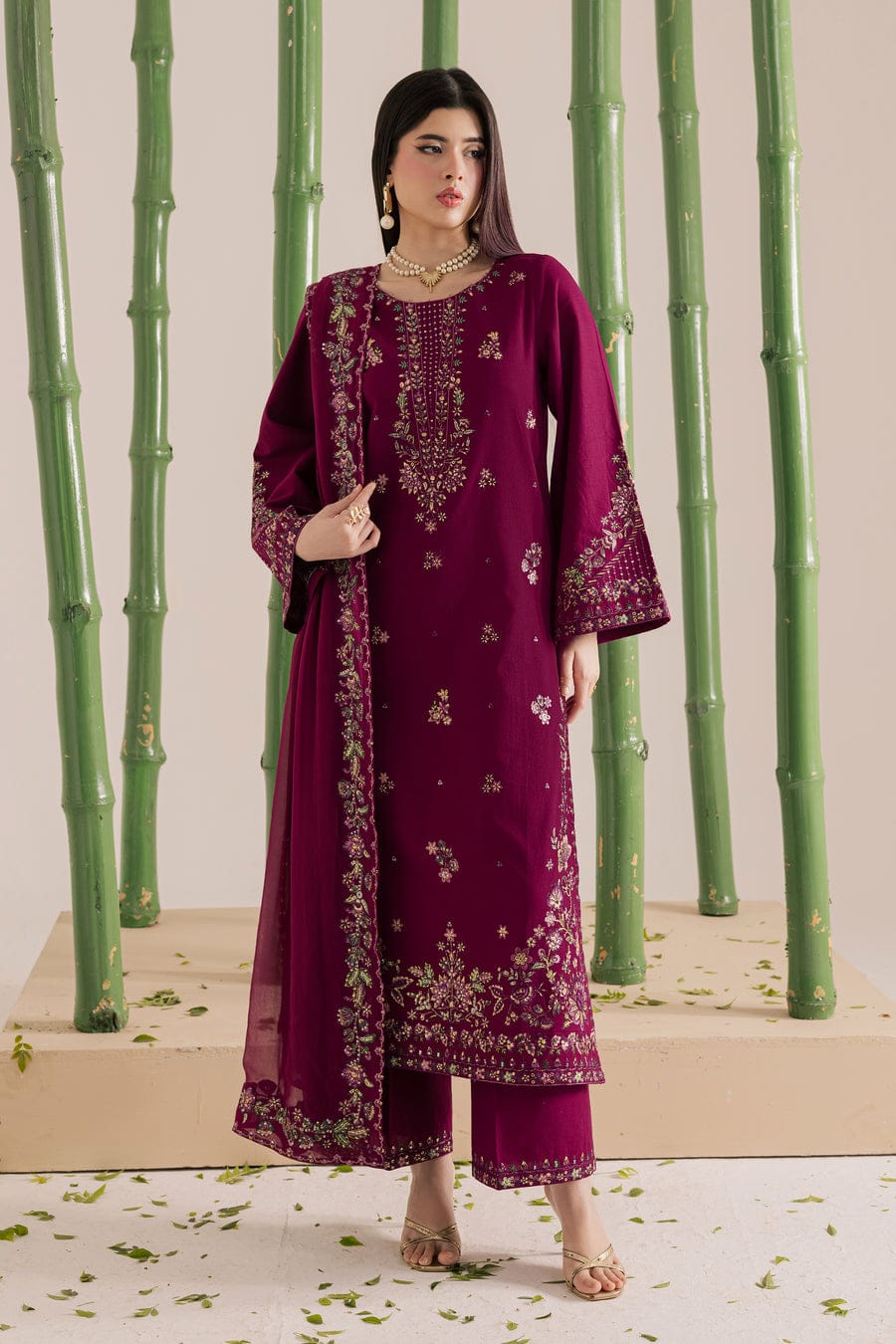 Batik Dhanak Embroidered Luxury 3-Piece Unstitched Suit with Embroidered Shawl and Patch – Magenta Plum
