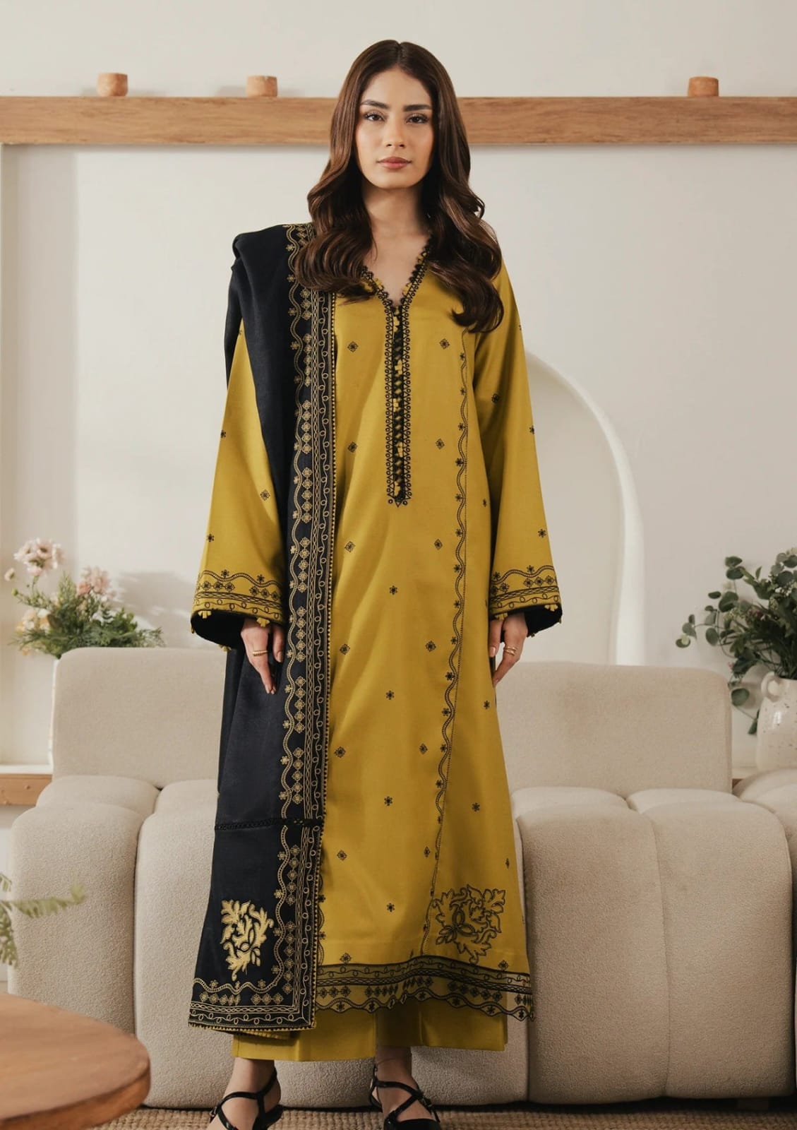 Batik Dhanak Embroidered Luxury 3-Piece Unstitched Suit with Embroidered Shawl and Patch – Mustard