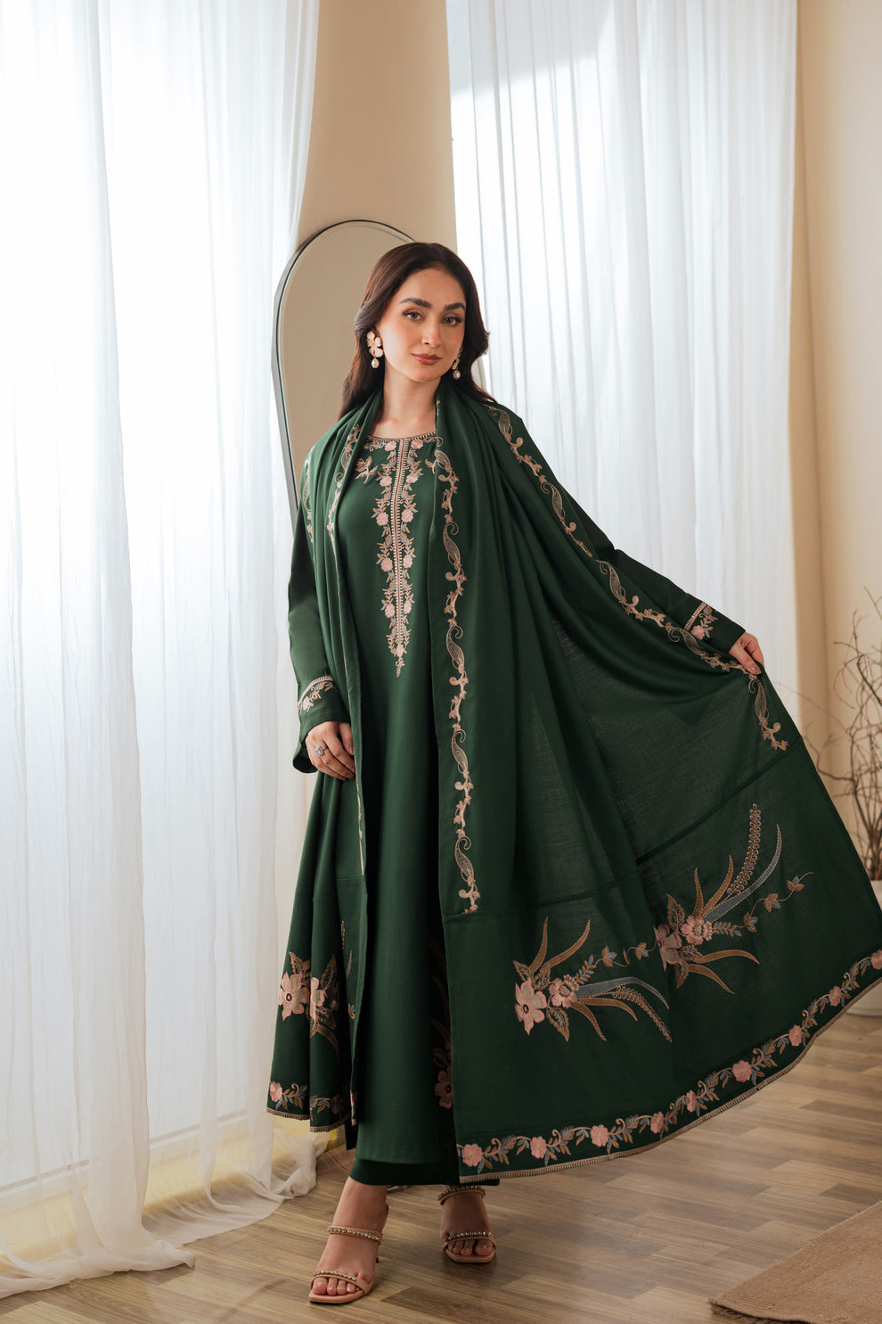 Batik Winter Dhanak Collection 2026 Embroidered 3-Piece Unstitched Suit with Embroidered Dhanak Shawl and Pallu Patches – Bottle Green
