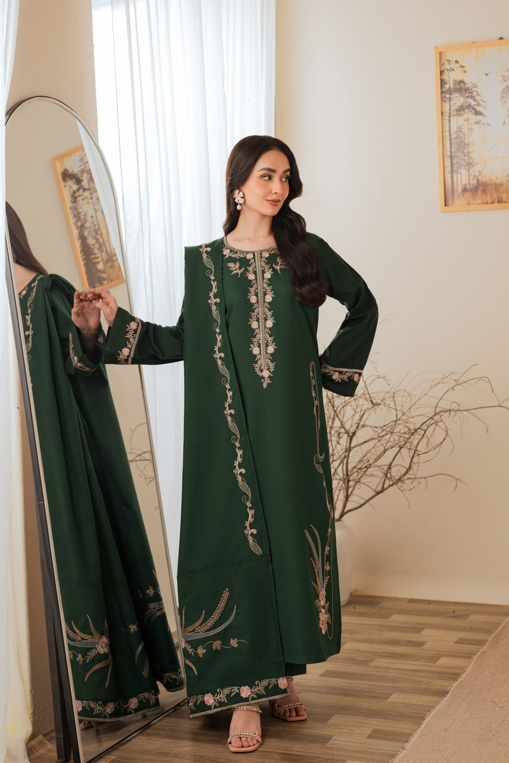 Batik Winter Dhanak Collection 2026 Embroidered 3-Piece Unstitched Suit with Embroidered Dhanak Shawl and Pallu Patches – Bottle Green (view 2)