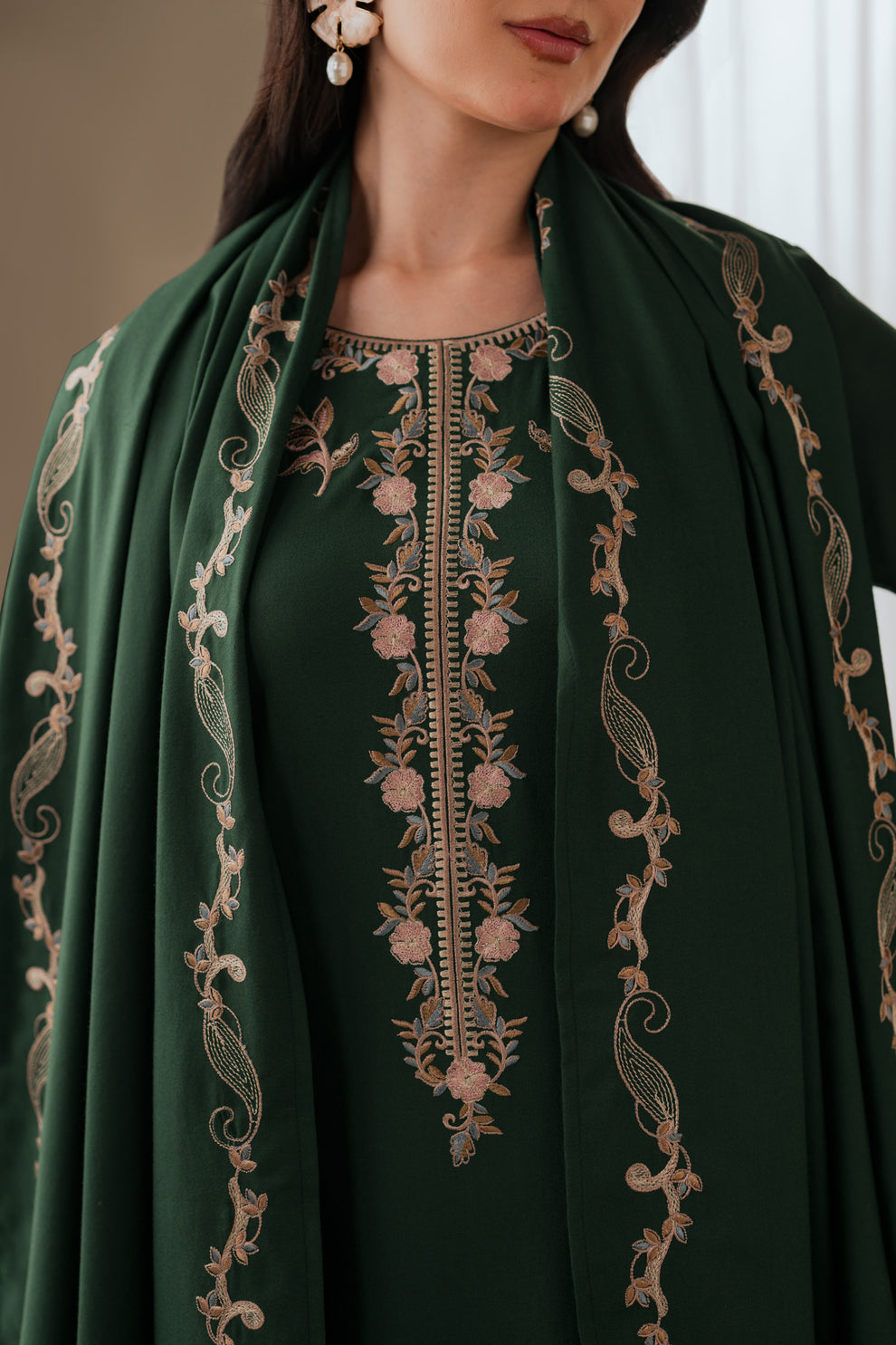 Batik Winter Dhanak Collection 2026 Embroidered 3-Piece Unstitched Suit with Embroidered Dhanak Shawl and Pallu Patches – Bottle Green (view 3)
