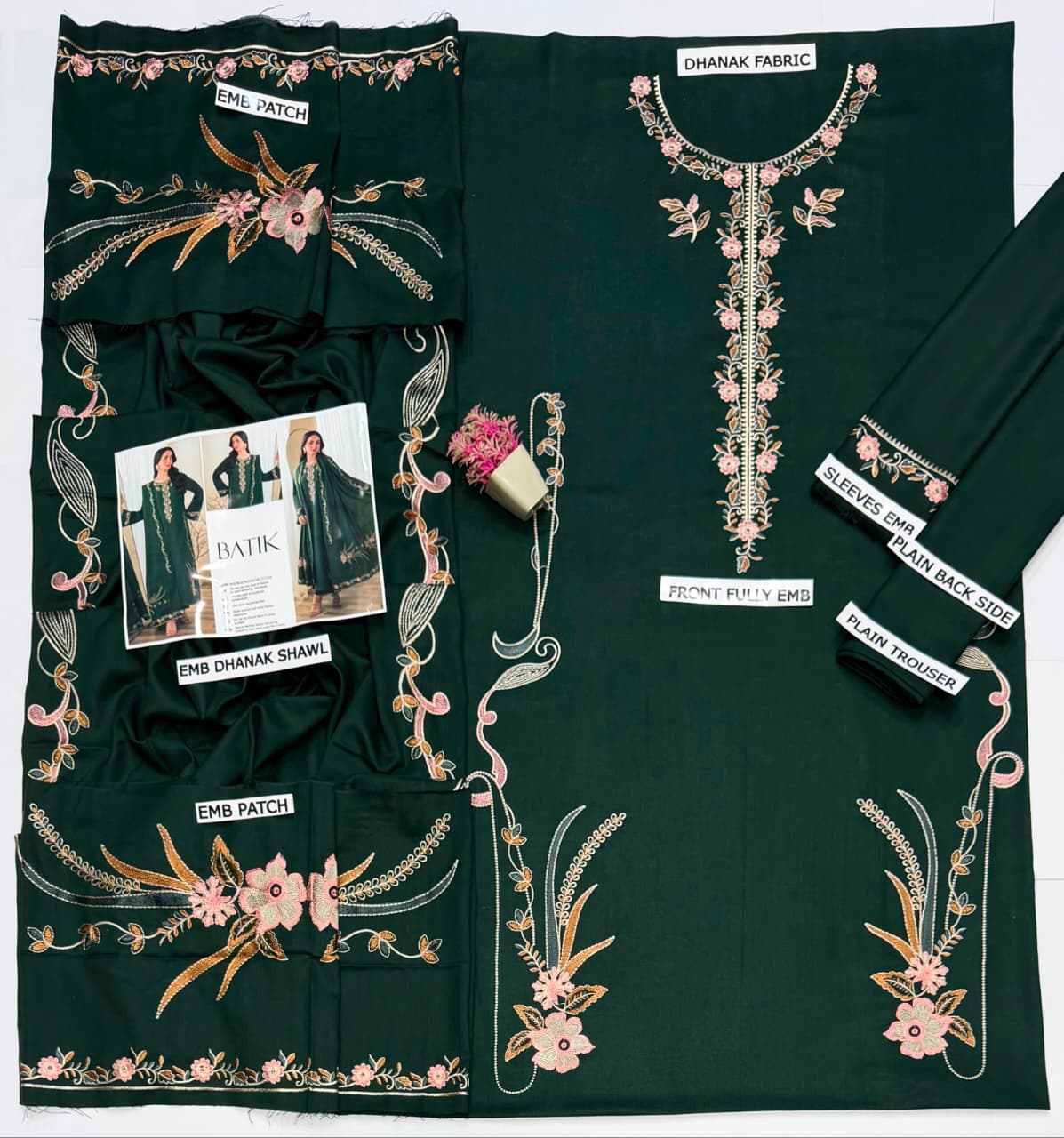 Batik Winter Dhanak Collection 2026 Embroidered 3-Piece Unstitched Suit with Embroidered Dhanak Shawl and Pallu Patches – Bottle Green (view 4)