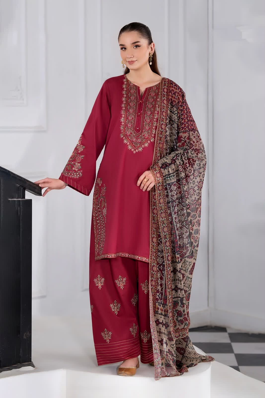 Batik Luxury Embroidered 2026 Fine Quality Dhanak Marina 3-Piece Unstitched Suit with Embroidered Trouser and Printed Shawl