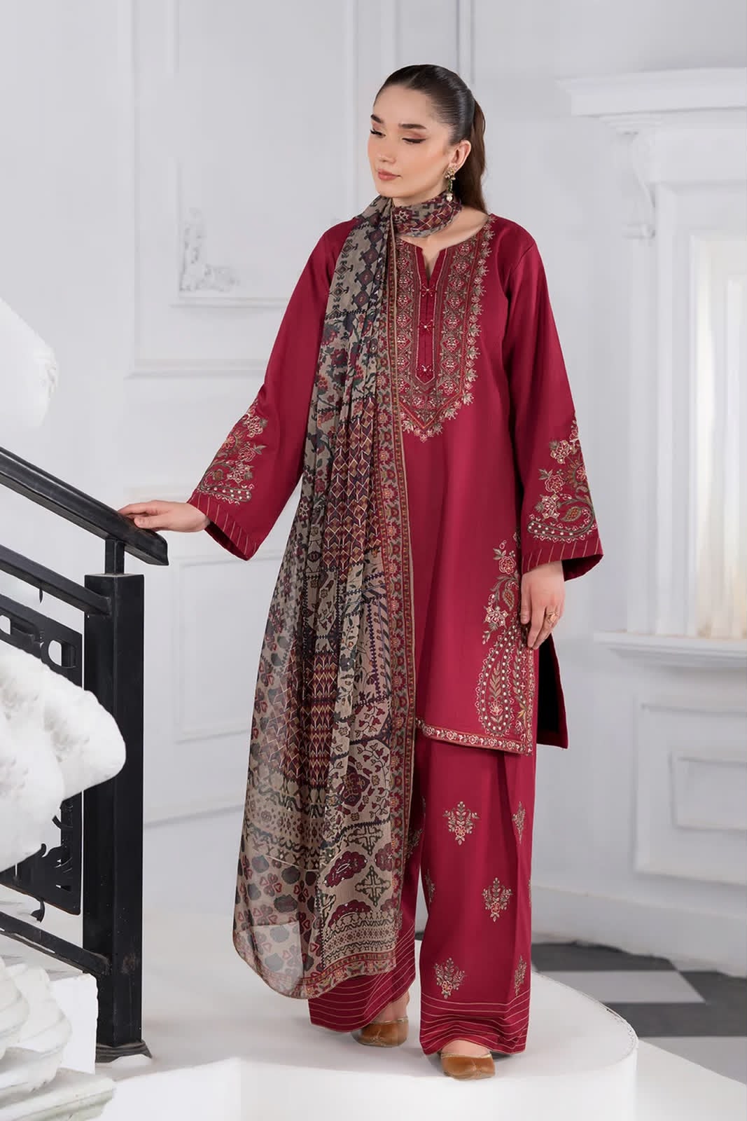 Batik Luxury Embroidered 2026 Fine Quality Dhanak Marina 3-Piece Unstitched Suit with Embroidered Trouser and Printed Shawl (view 2)