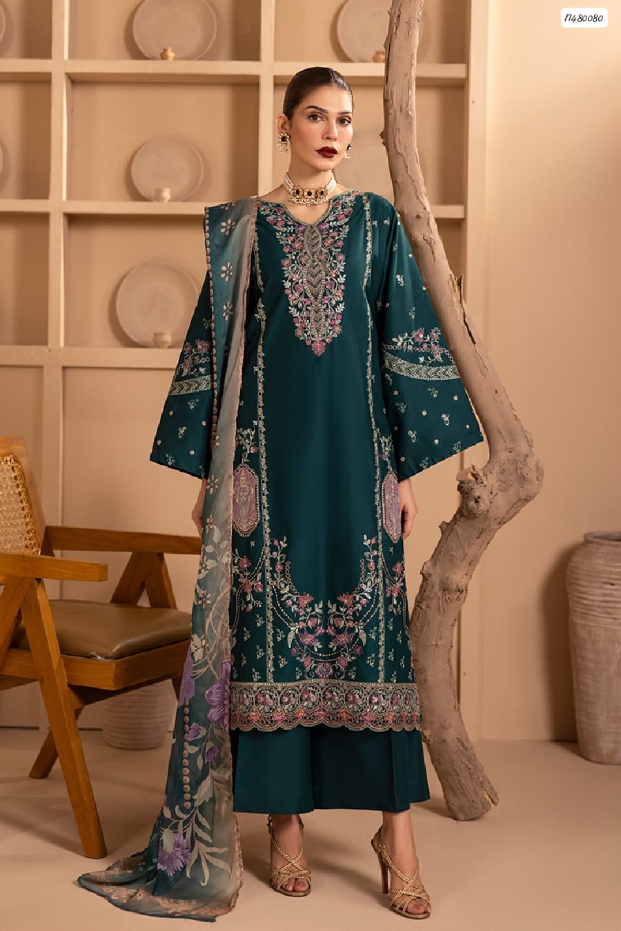 Batik NF 417 Premium Version Luxury Dhanak Winter Collection 2026-27 Premium Airjet Dhanak Luxury Thread Embroidered 3-Piece Unstitched Suit with Digital Printed Woolen Shawl – Teal Green