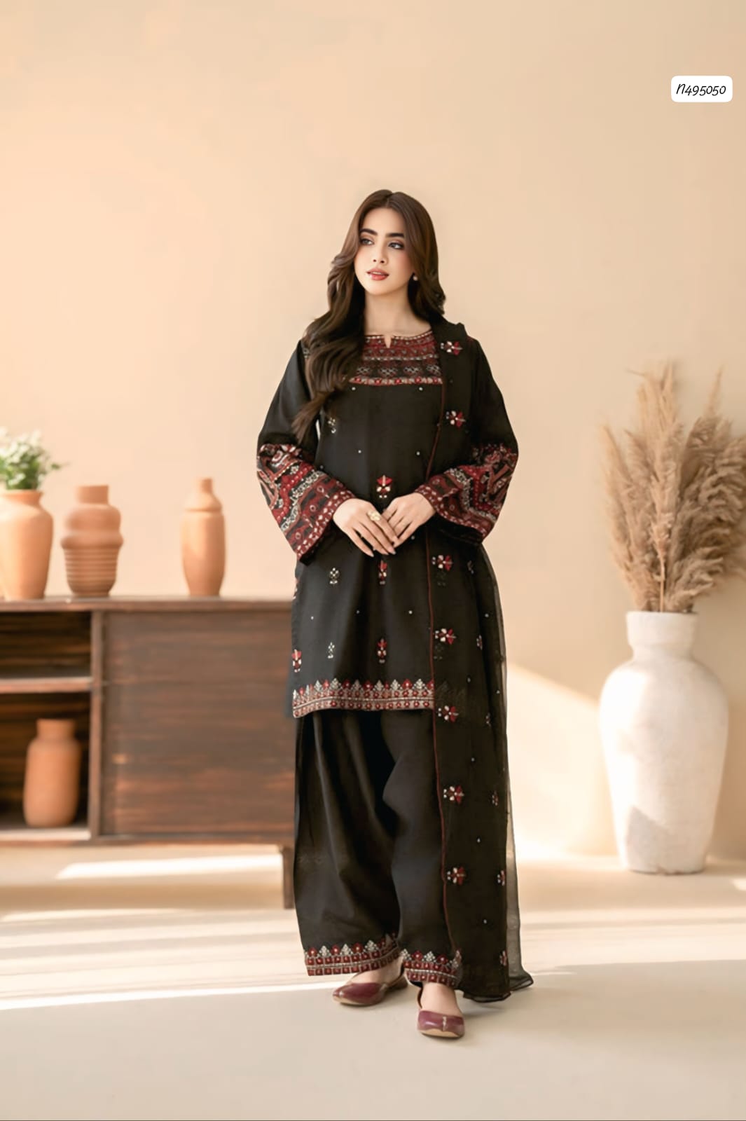 Batik NF 419 Luxury Dhanak Winter Collection 2026-27 Premium Airjet Dhanak Heavy Thread Embroidered 3-Piece Unstitched Suit with Ready-to-Wear Heavy Embroidered Shawl – Black
