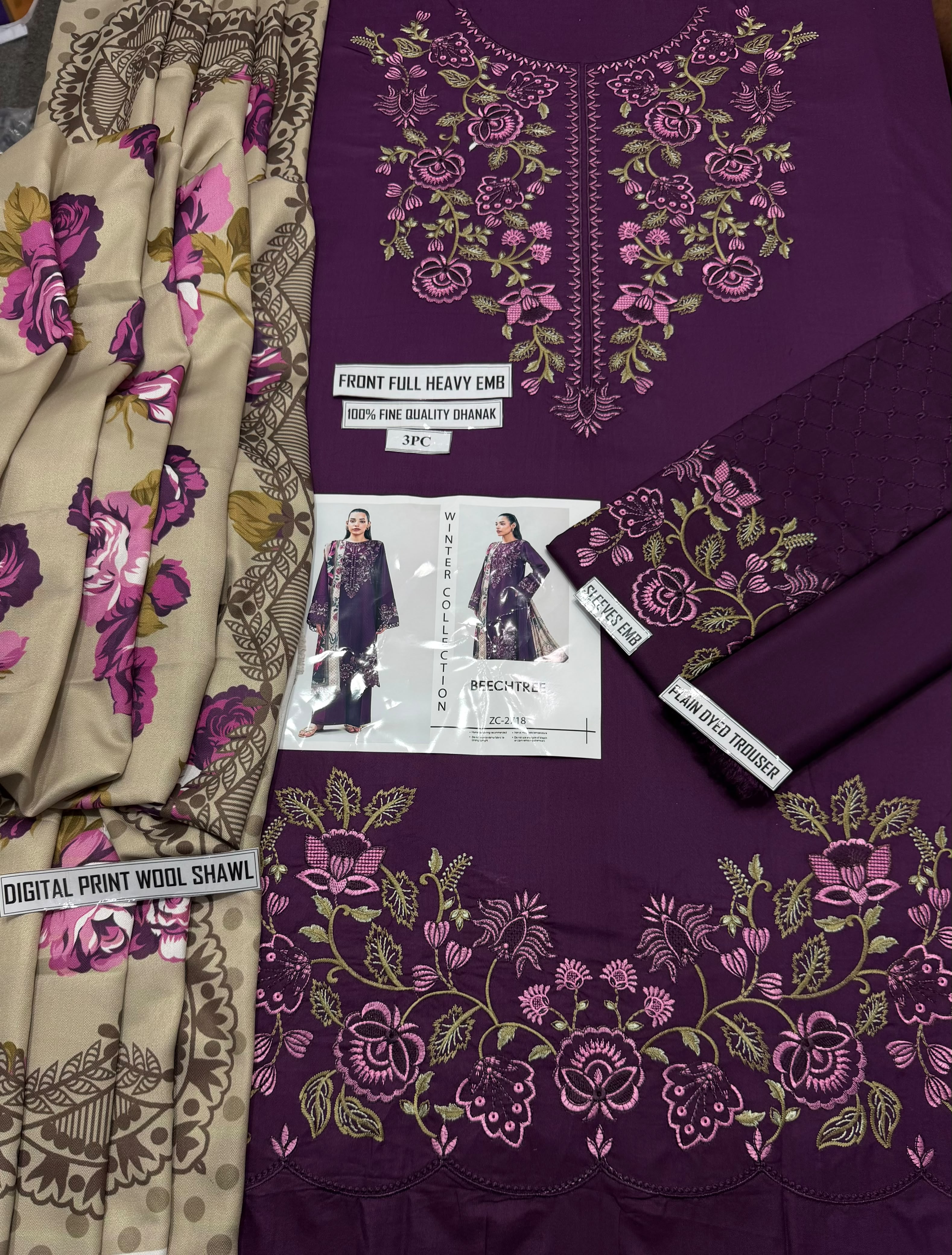 Beachtree 2718 Dhanak Hit Code Winter Collection Thread Embroidered 3-Piece Unstitched Suit with Wool Printed Shawl – Plum (view 4)